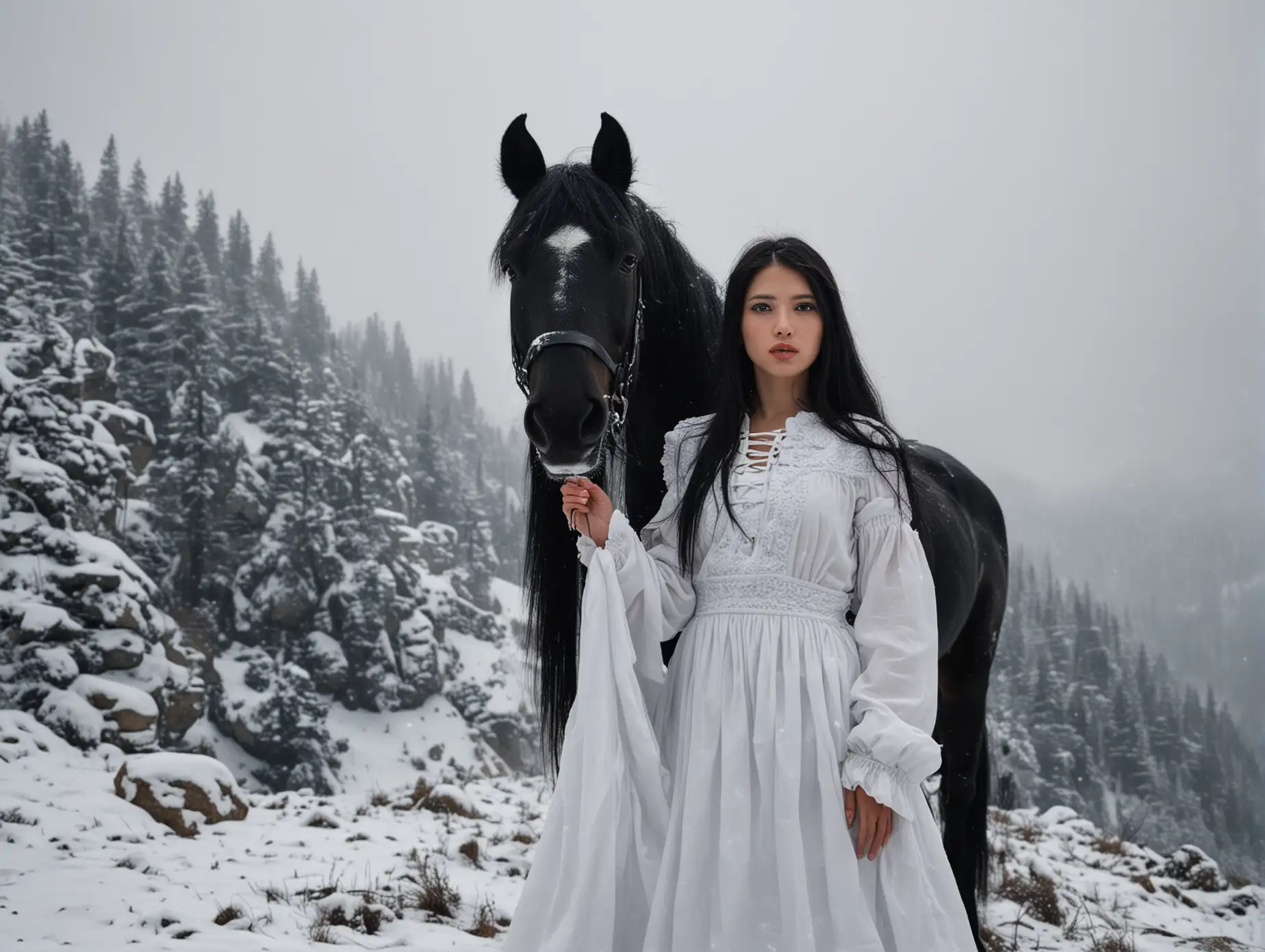 mountain top black long hair horse face dress stand girl big snow
