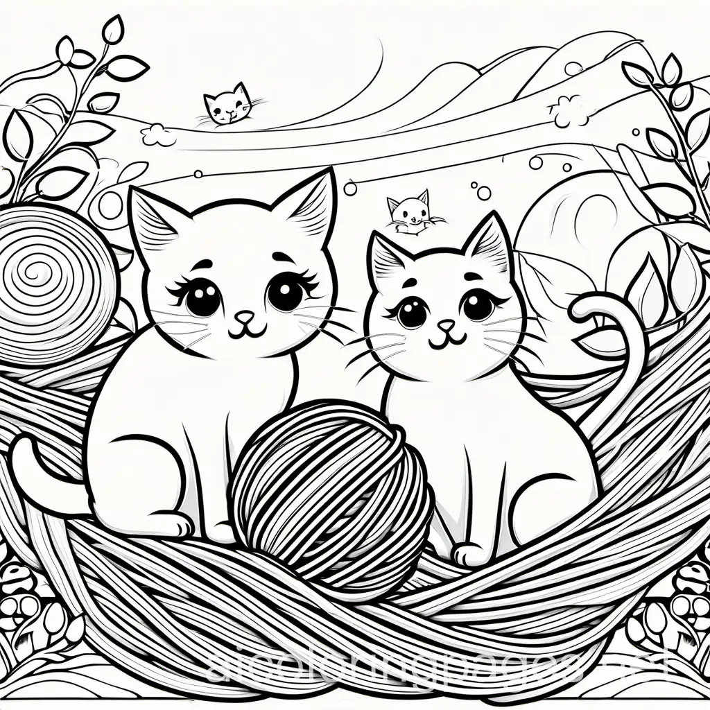 cats playing with a ball of yarn, Coloring Page, black and white, line art, white background, Simplicity, Ample White Space. The background of the coloring page is plain white to make it easy for young children to color within the lines. The outlines of all the subjects are easy to distinguish, making it simple for kids to color without too much difficulty