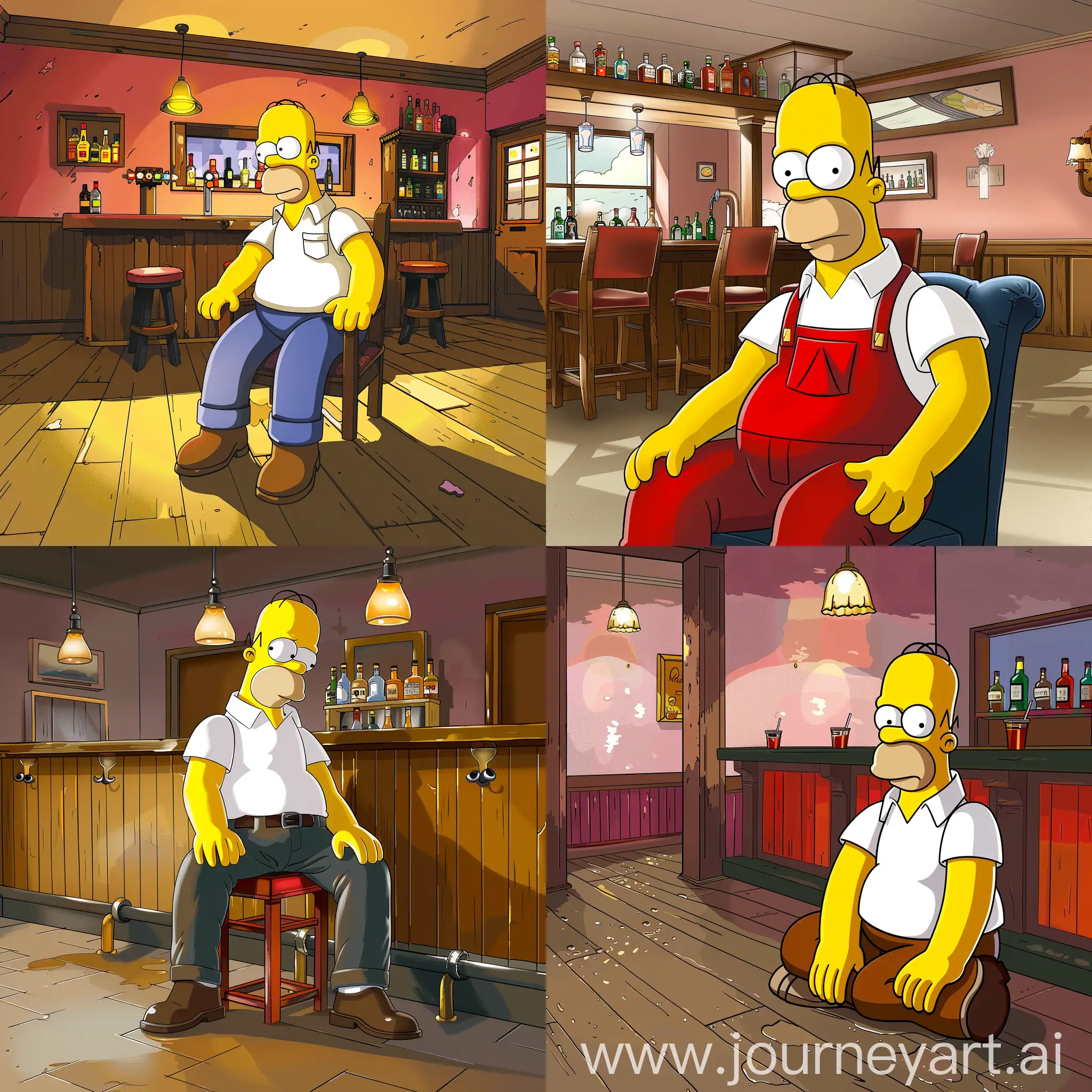 Гомер Симпсон сидит в баре, стиль оформления симпсон, мультик, супер детализация, гипер реализм, 8к, HDR, профессиональное освещение, острый фокус
