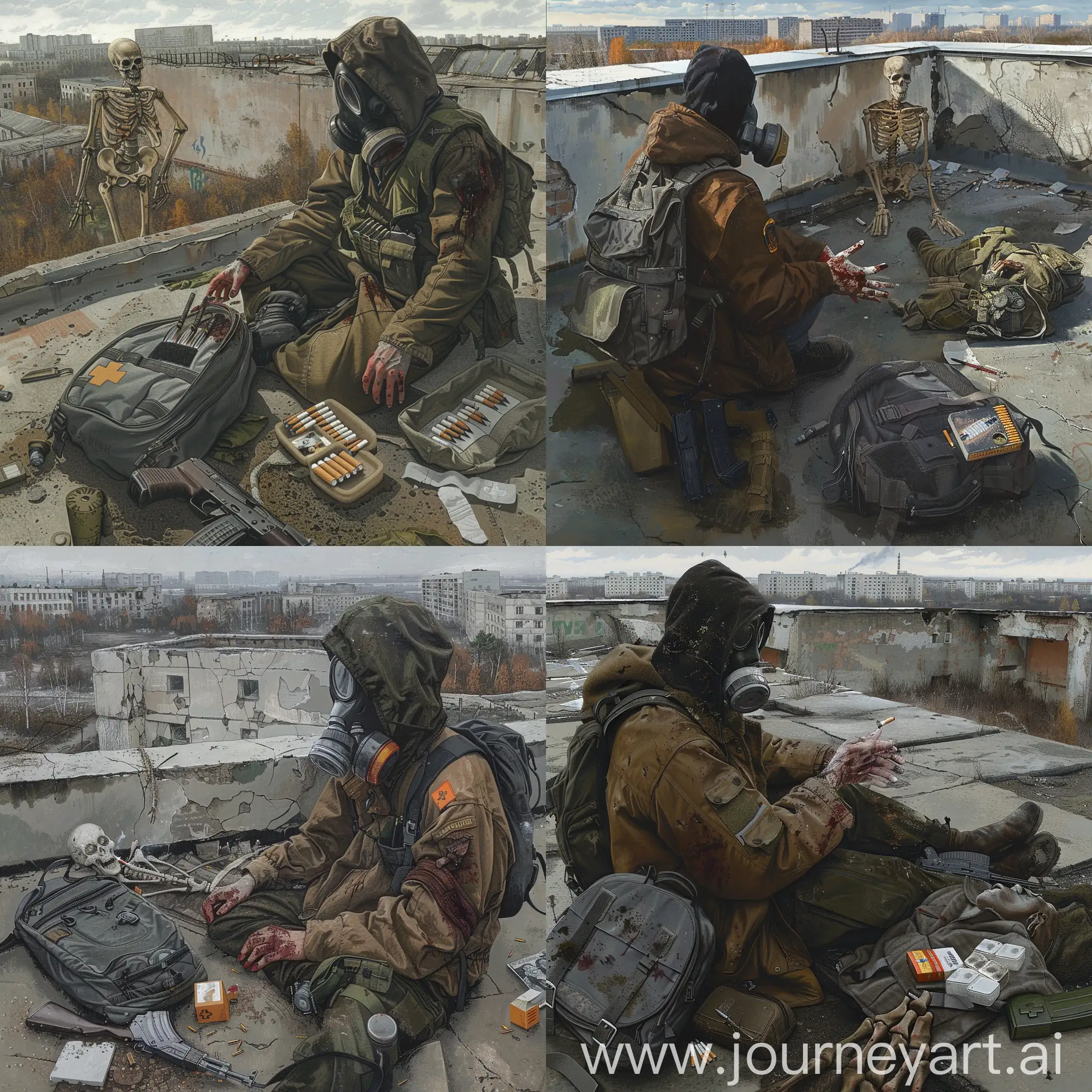Stalker art, mystical art, the roof of an abandoned building in the abandoned city of Pripyat, a stalker in a gas mask, in a brown jacket, military unloading on top of the jacket, next to the stalker lies a gray backpack, an open and already used first aid kit, bandages, the stalker is almost covered in dirt, his hands are covered in blood and 2 fingers are missing on one hand, there is also an AK-47 lying nearby, a stalker looks at the corpse of a skeleton in military uniform, the corpse of a skeleton has a cigarette in its mouth, the skeleton passes a pack of cigarettes to the stalker, the abandoned Soviet city of Pripyat is visible from the roof, mystical art.