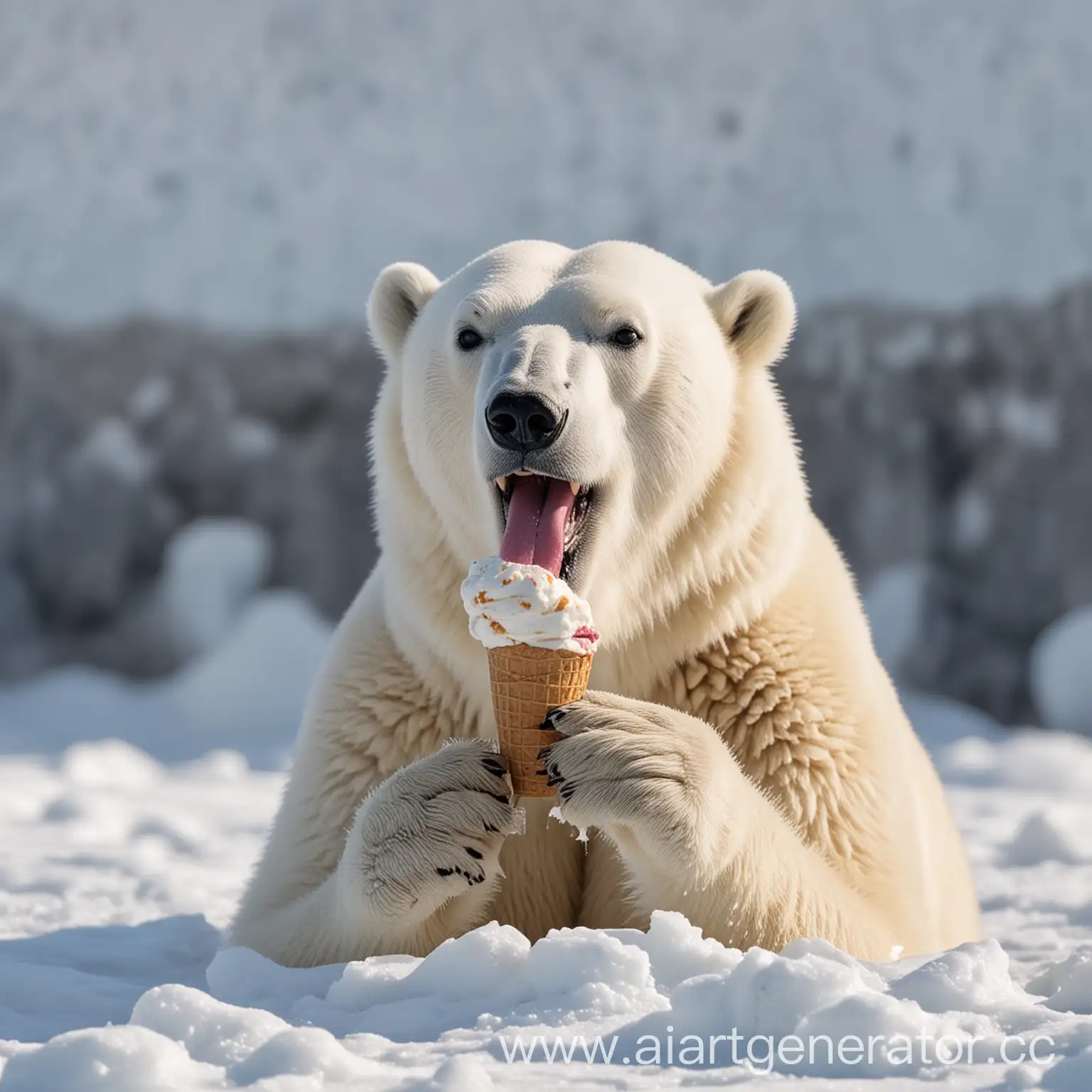 Polar bear eats ice cream on a background of snow and ice