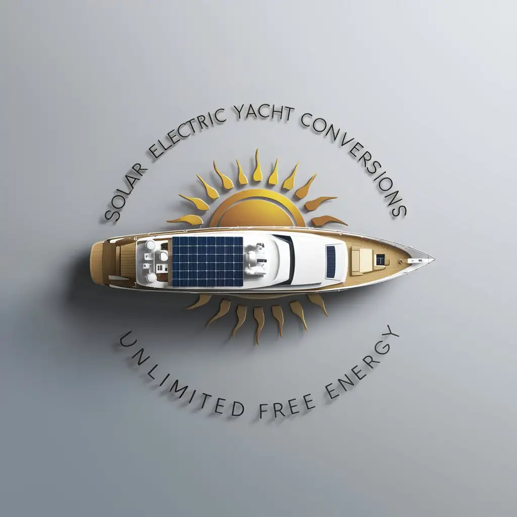 a logo design,with the text "SOLAR ELECTRIC YACHT CONVERSIONS", main symbol:a logo design,with the text 'UNLIMITED FREE ENERGY', main symbol: elegant yacht with solar panels on the top deck, overhead view of the yacht, with the sun in the background. energy. clear background, perfect, masterpiece.,Moderate,clear background,Moderate,clear background,Moderate,clear background