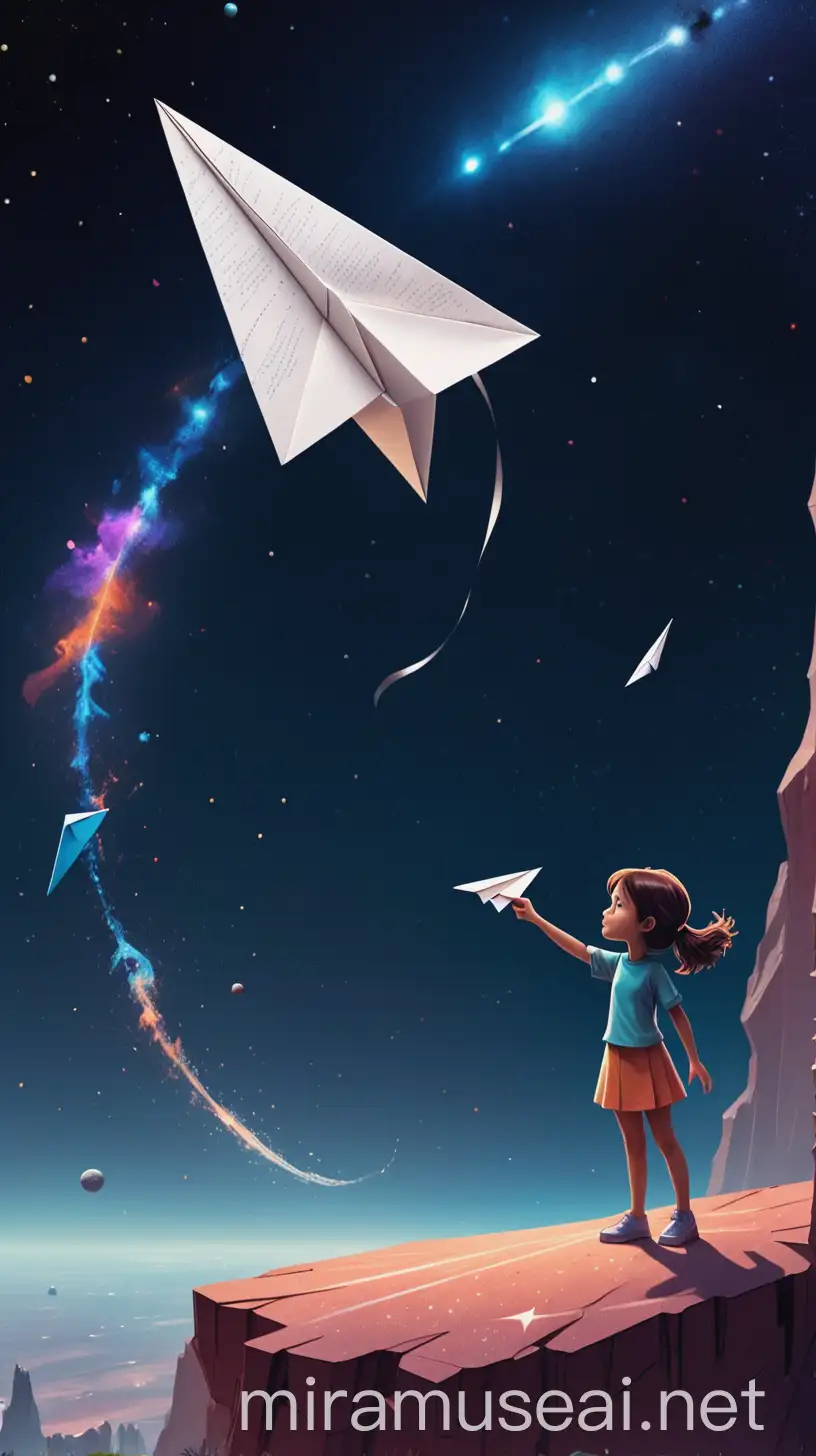 A young girl, standing on the edge of a cosmic cliff, launches a paper airplane into the vast expanse of space.