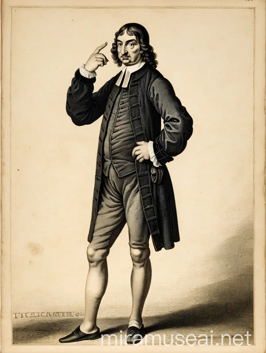 Descartes doubting and thinking pose photo, full body photo 