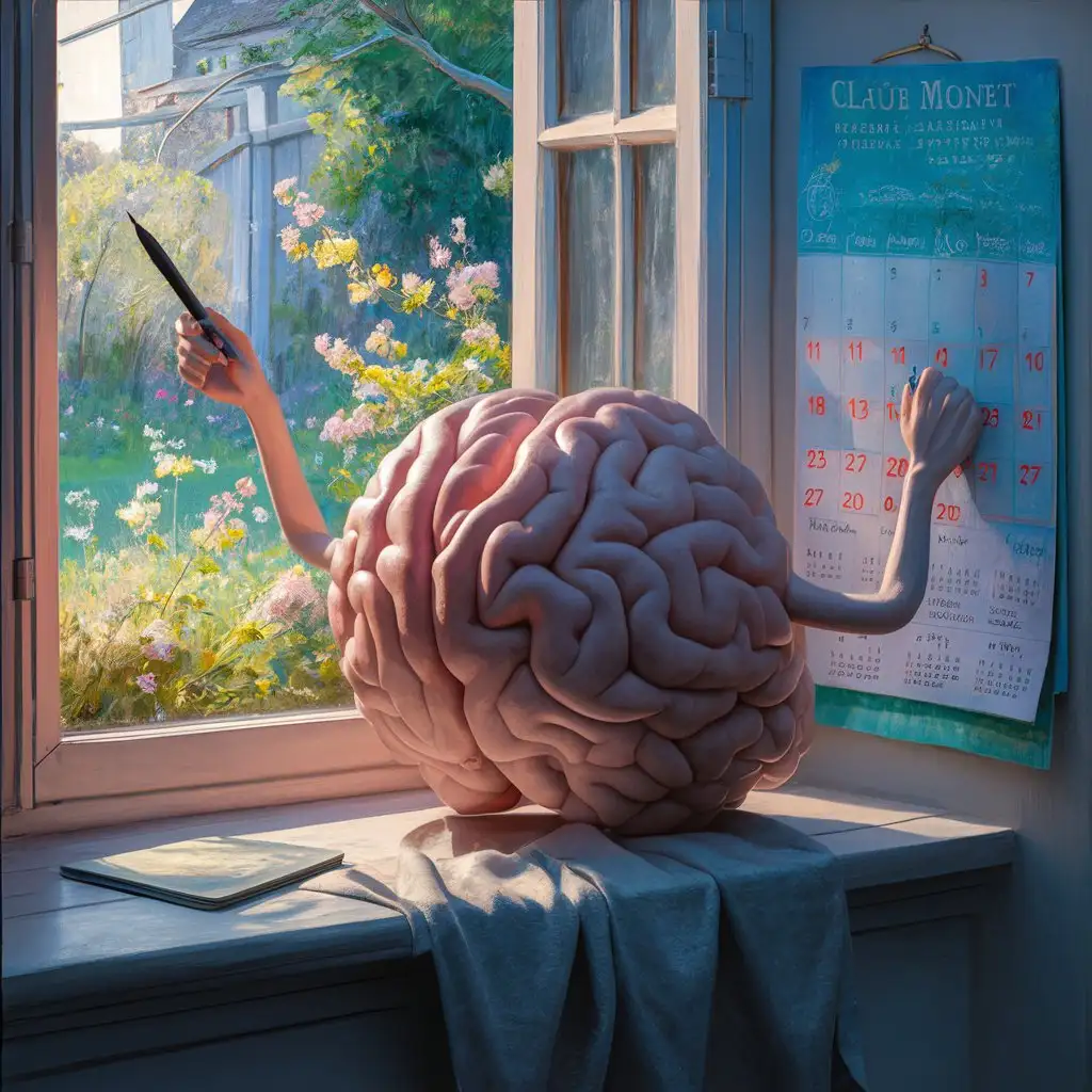  3D of a brain planning its day on a wall calendar inspired by the style of Claude Monet, the brain with arms reaching for a pen, vibrant calendar, peaceful garden outside the window, cool color temperature, focused expression, natural lighting, serene atmosphere, the brain has a contemplative look with soft sunlight filtering through the window, delicate flowers and greenery in the background, 3D, created with advanced rendering techniques for realistic textures and lighting
