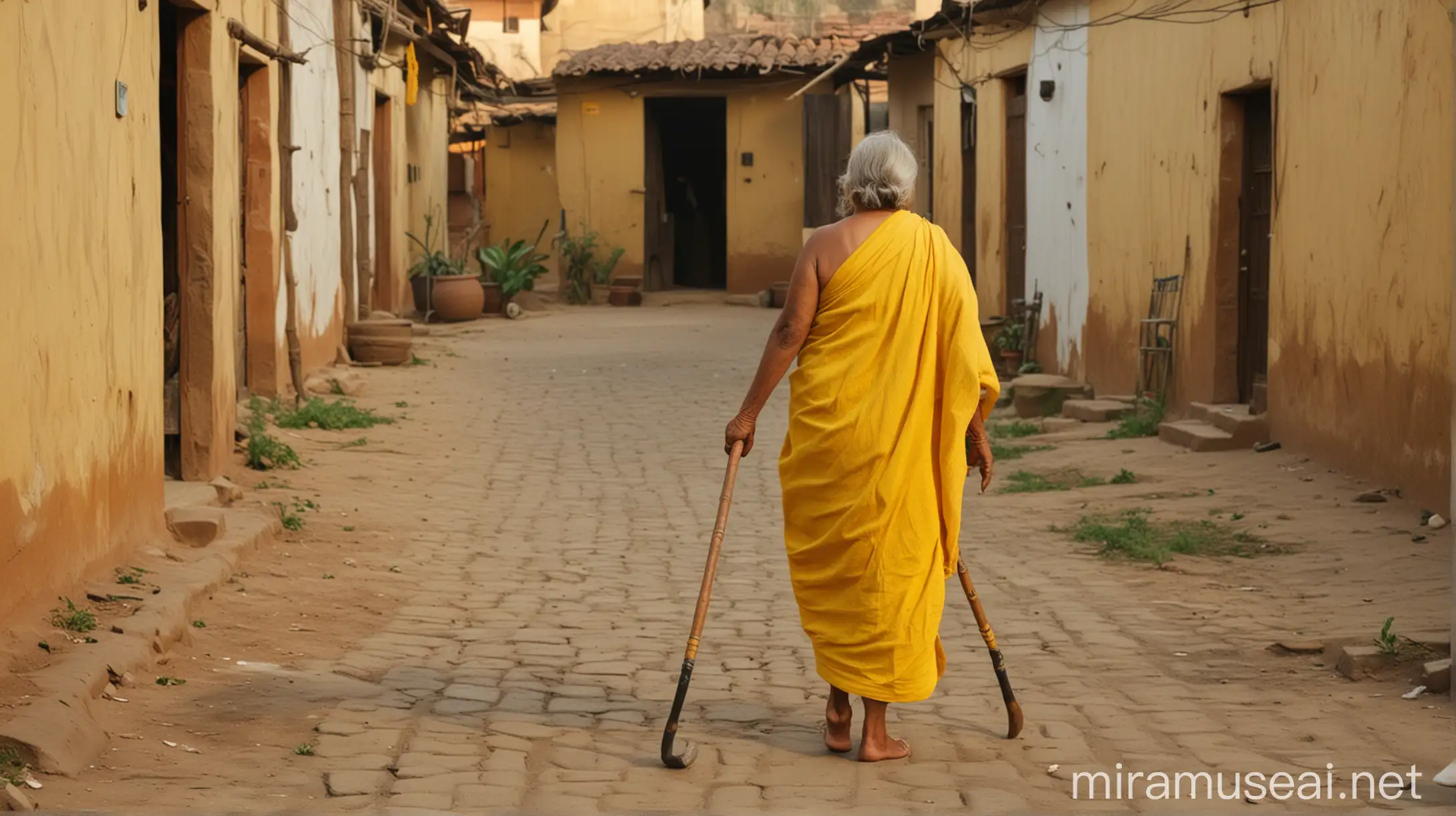 Elderly Indian Woman Walking with Cane at Dusk in Village Courtyard