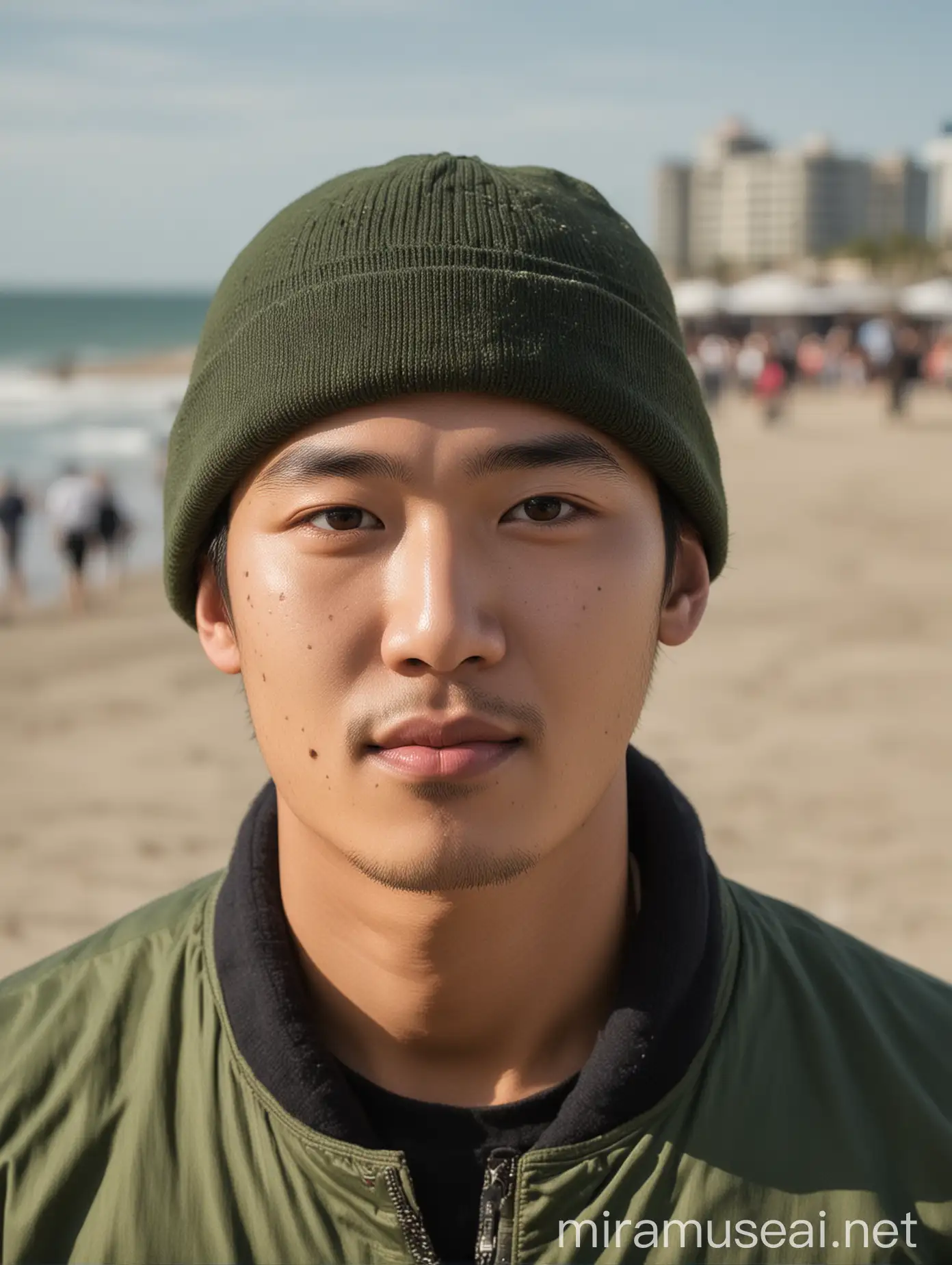 Camera nikon: Pria Asia berusia 30 tahun wajah tampan dan bersih, mengenakan beanie berwarna hitam mengenakan jaket bomber berwarna hijau army dengan beberapa tulisan di jaketnya,latar belakang atas panggung tepi pantai siang hari.