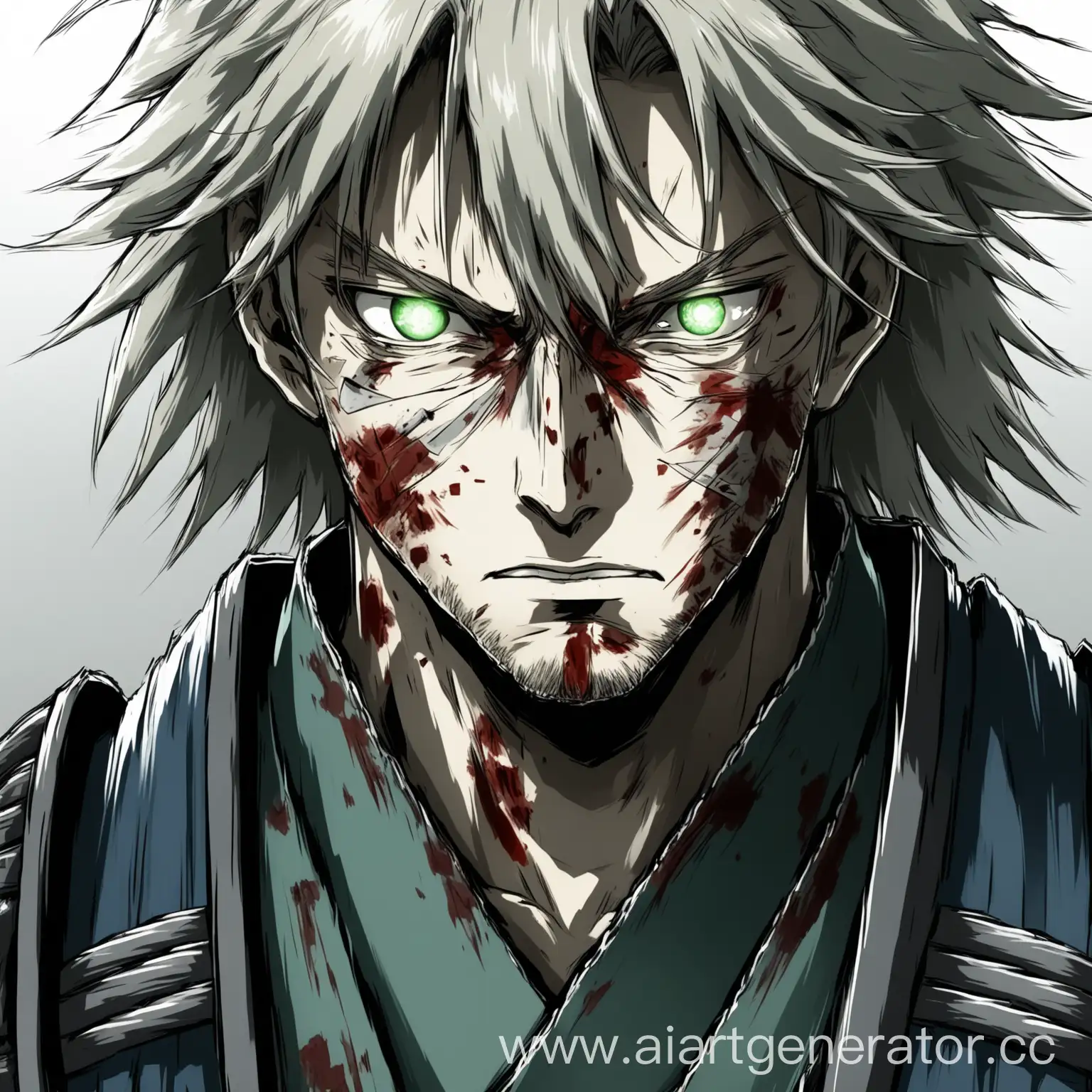 светловолосый самурай с серо-зелеными глазами раненый в аниме стиле
