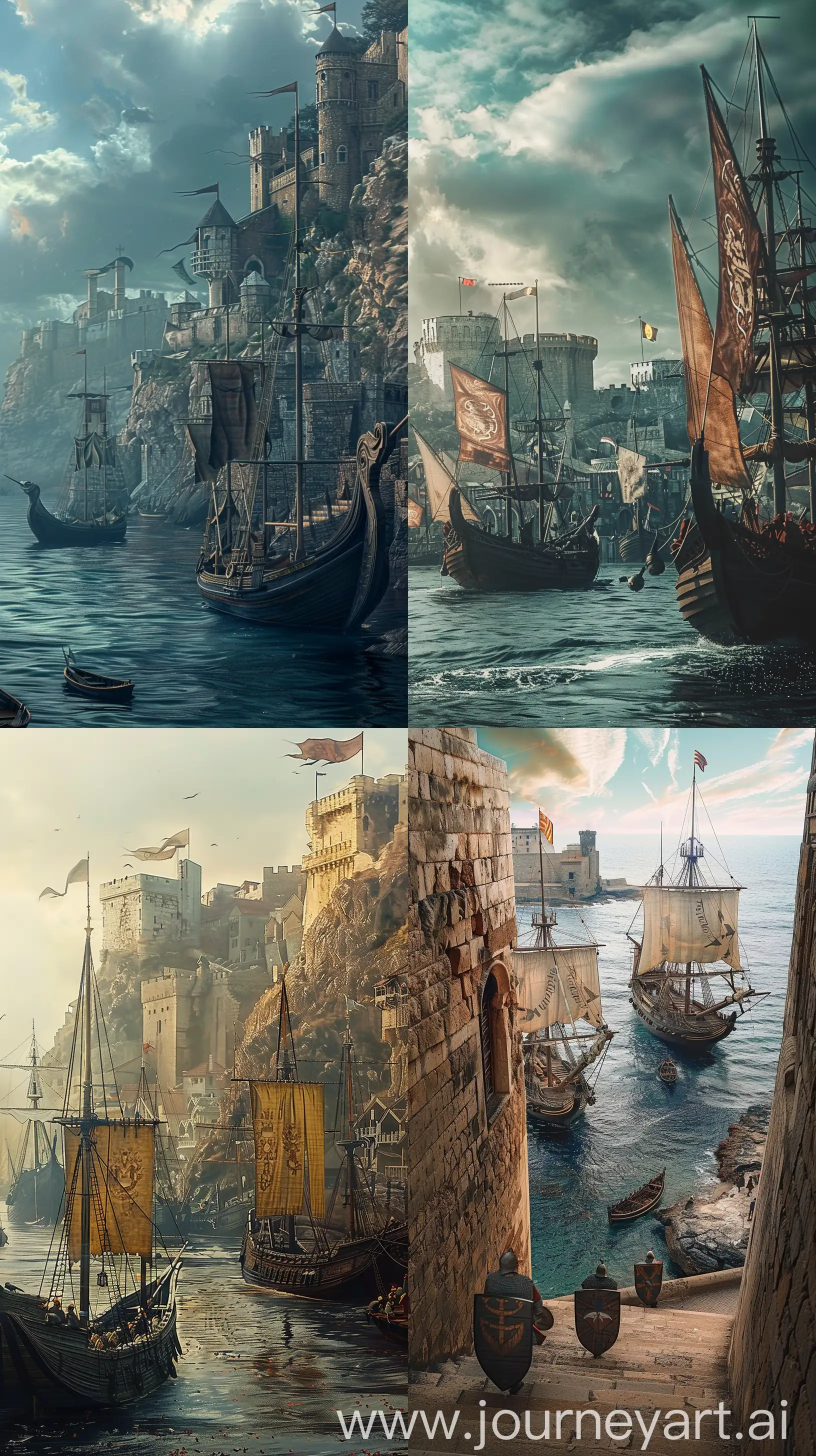 port, sea, medieval ships --ar 9:16