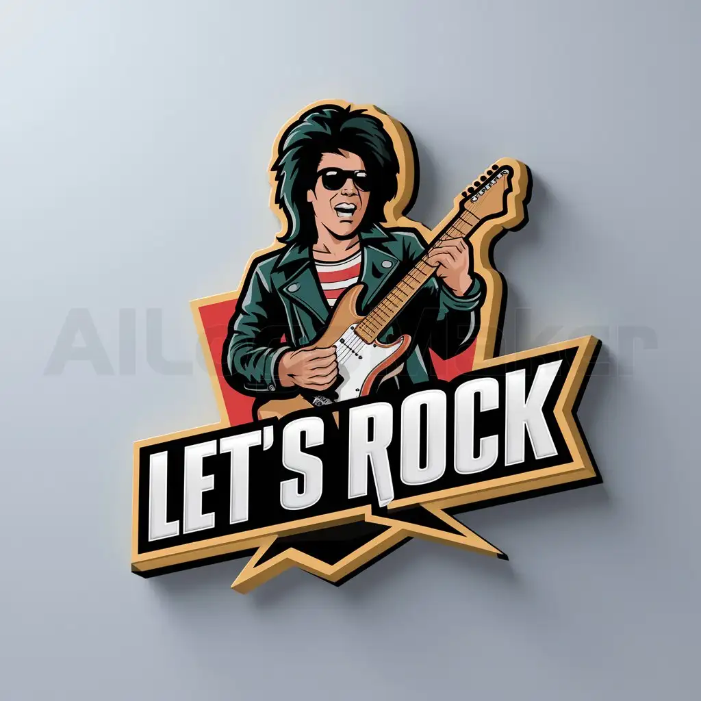 a logo design,with the text "Let's Rock", main symbol:guitar player, rock star, excitement, vintage, rock music,Moderate,be used in Entertainment industry,clear background