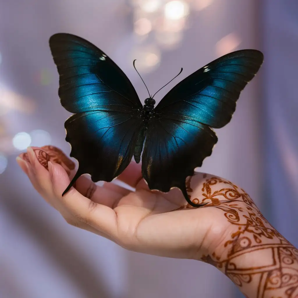 Gentle Embrace Capturing a Dark Blue Butterfly in Hand