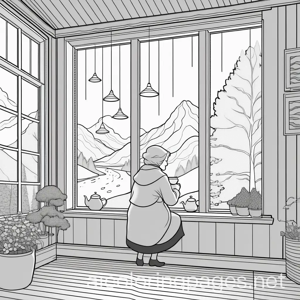 a lonely old lady drinking tea while looking out the window of her cute forest cottage, while it rains outside., Coloring Page, black and white, line art, white background, Simplicity, Ample White Space