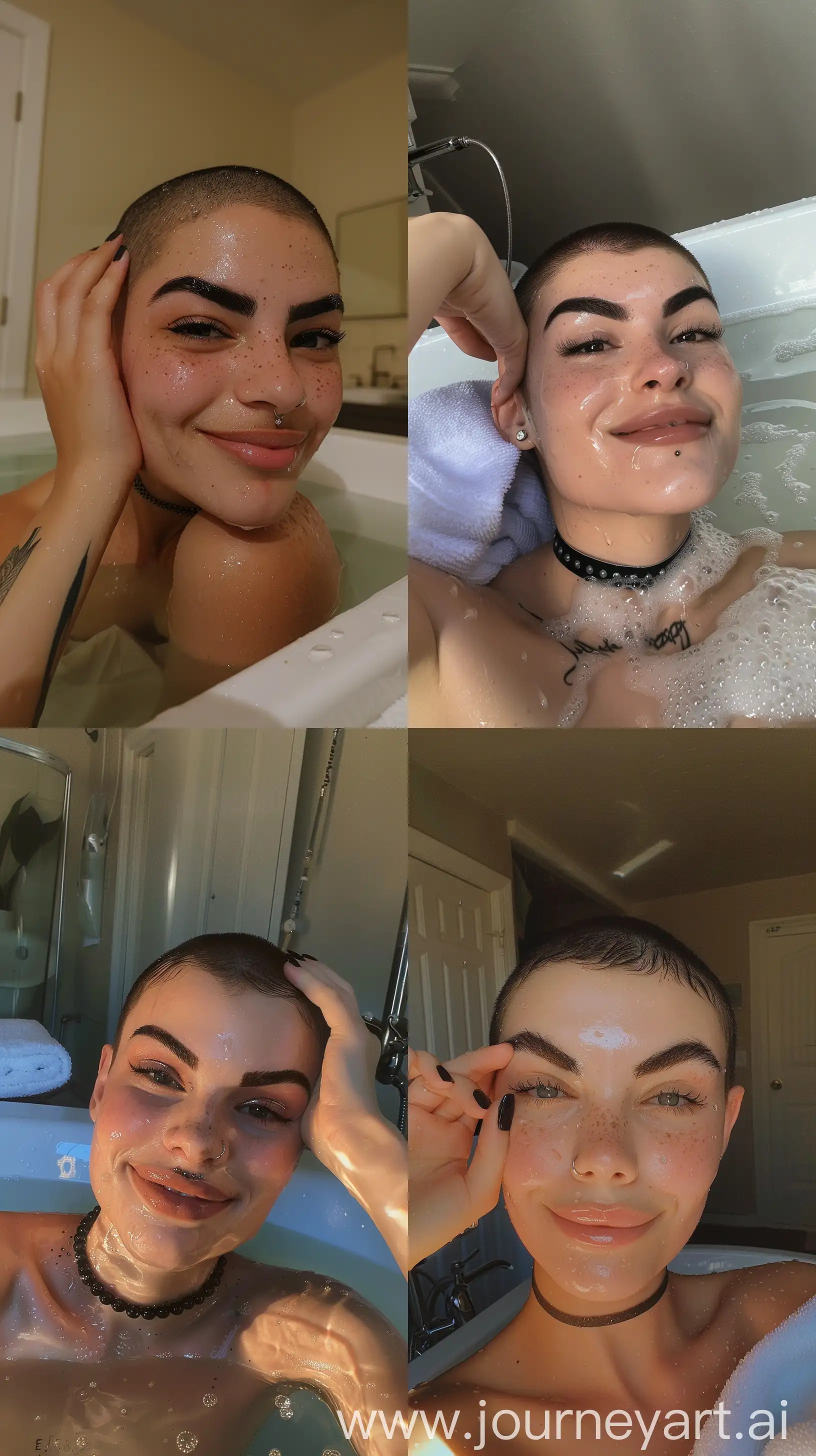 Aesthetic instagram selfie: Staring into camera, smiling, eyebrows furrowed, one hand on face, black gel nail polish, e girl, tub, water, towel, taken on phone camera, short hair, dense eyebrows, small freckles, choker, wide set, profile throw face away in room --ar 9:16