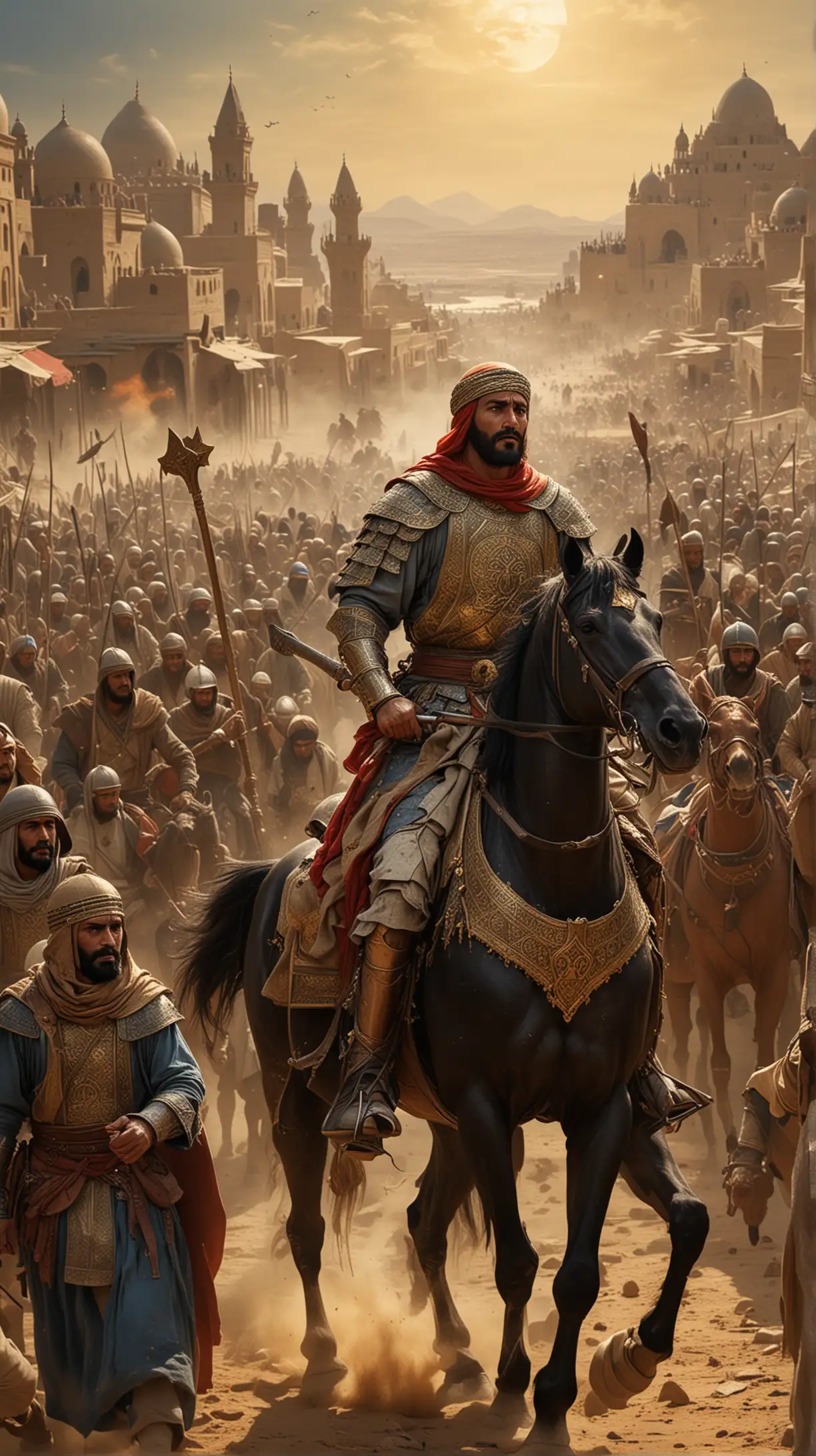 Central Figure:

Sultan Baybars: Depict him in the center, wearing traditional 13th-century mamluq armor, complete with intricate designs. He should be holding a sword, showcasing his powerful and authoritative presence. His facial expression should convey determination and wisdom.
Background Elements:

Left Side: The battlefield of Ain Jalut. Show the chaos of the 1260 battle against the Mongols with warriors in combat, dust clouds rising, and the intensity of the fight.
Right Side: The grandeur of medieval Cairo. Highlight architectural marvels like mosques and fortresses he commissioned, bustling market scenes, and the vibrant 13th-century city life.
Top Background: The Egyptian desert with pyramids, symbolizing the land he ruled and protected.
Symbolic Elements:

Crescent Moon and Star: Subtly incorporated into the design, representing Islam and his legacy.
Historical Artifacts: Elements such as ancient scrolls, maps, or artifacts to signify his contributions and the era he lived in.
Color Palette:

Rich golds, deep blues, and earthy tones to reflect the historical and regal themes.
Lighting and Effects:

Dramatic lighting to highlight Baybars and create depth in the background scenes.
Subtle light rays or glow around Baybars to emphasize his importance and heroism.
Overall Mood:

An epic historical feel, highlighting the heroism and dramatic rise of Baybars from a captured slave to a powerful and revered sultan.