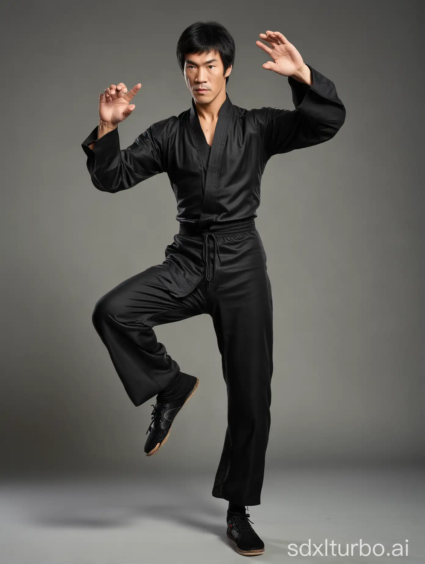 BRUCE LEE is now an aged  83 years old master but in a full body portrait and is doing high kung fu kick into the air with his left foot high into the air. He is wearing his black jump suit. This is a full body photo and realistic high resolution image with a sharp clean subject focus