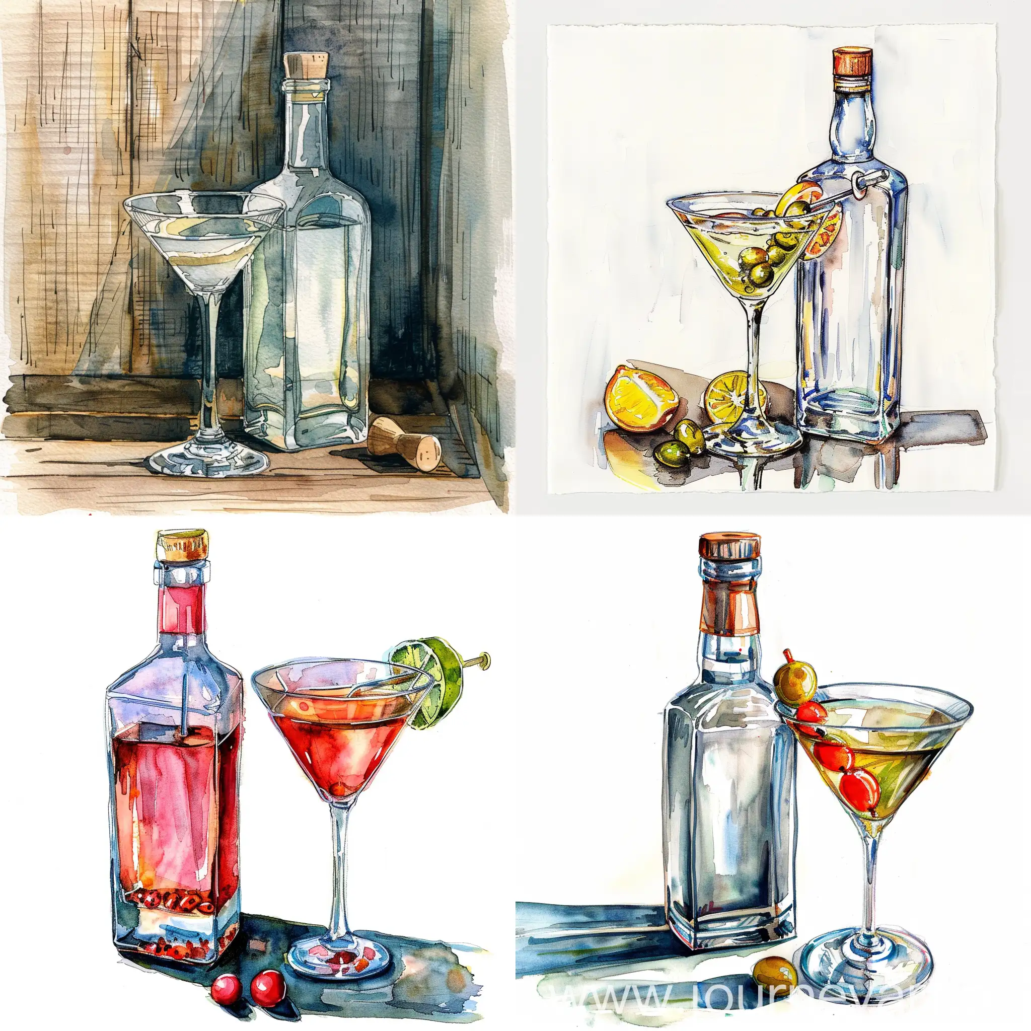 Watercolor-Bottle-and-Martini-Glass-Still-Life