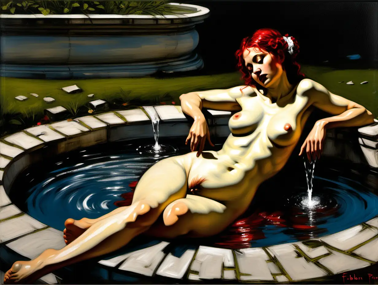 Expressive Painting of Reclining River Nymph at the Fountain