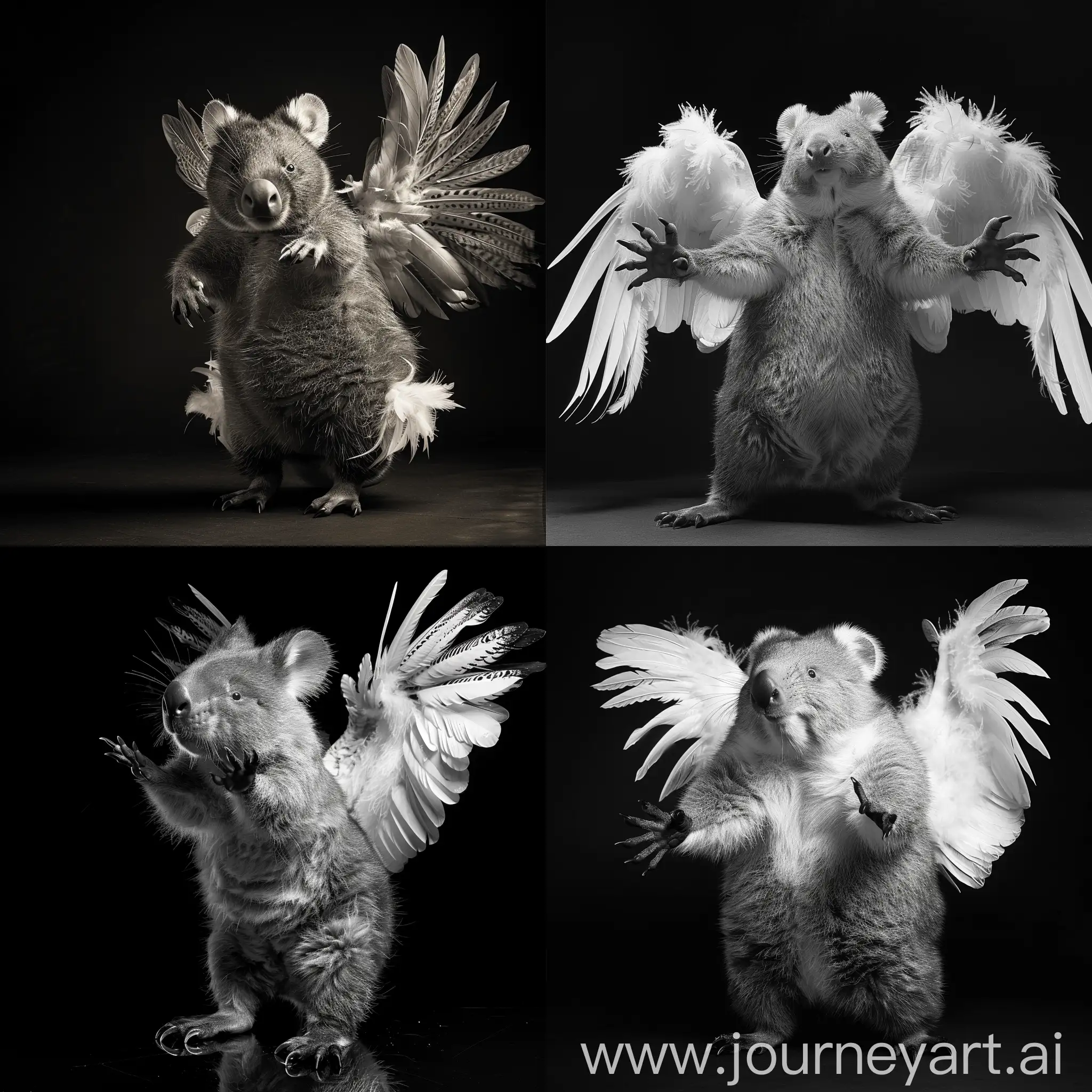 black and white dancing wombat with feathers and wings photography in studio black background --style raw --v 6.0