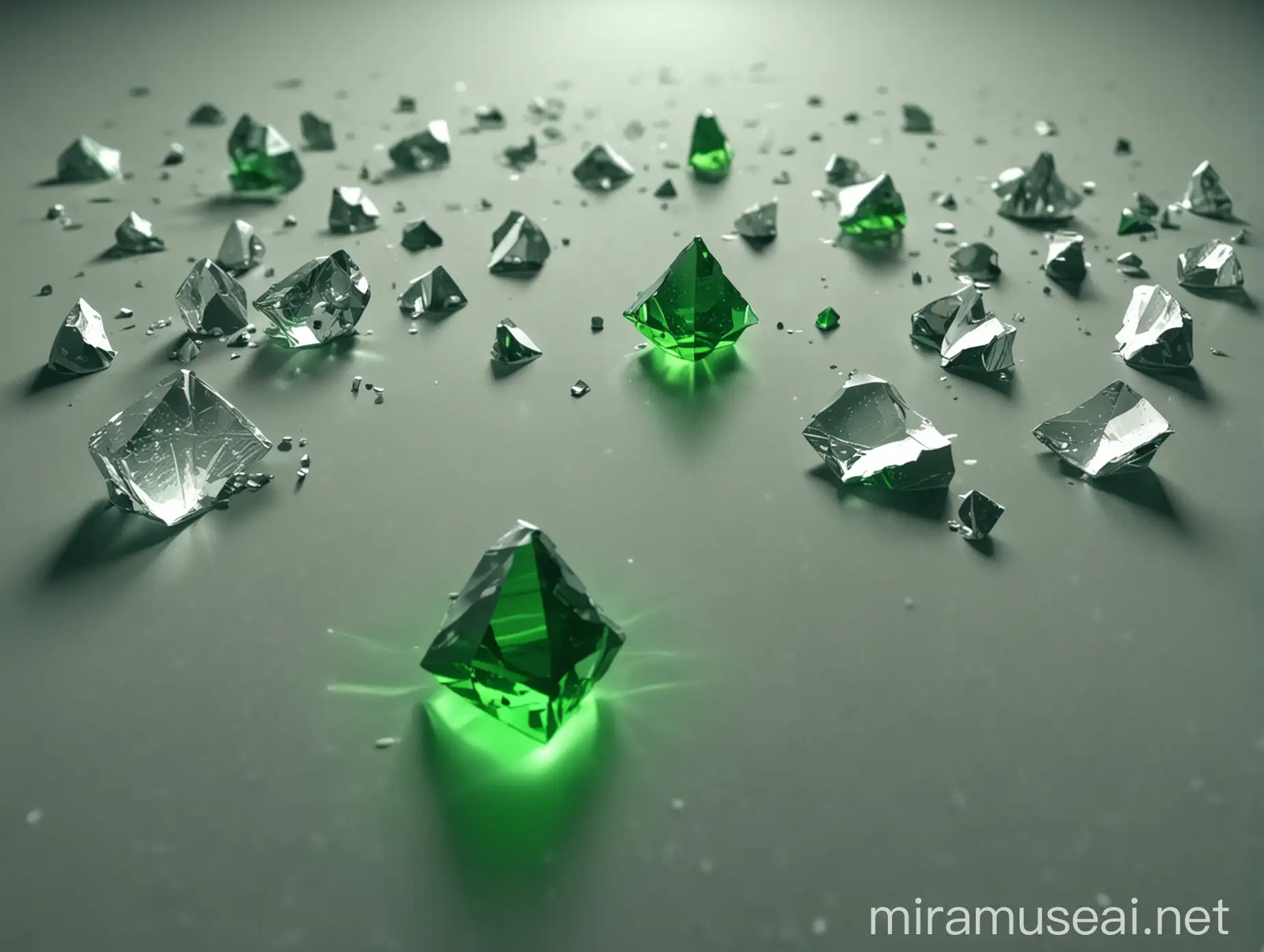scientific sketch for many differently oriented small crystals on a surface 3D perspective, a parallel semi-transparent green beam falling onto on of the crystals from the top