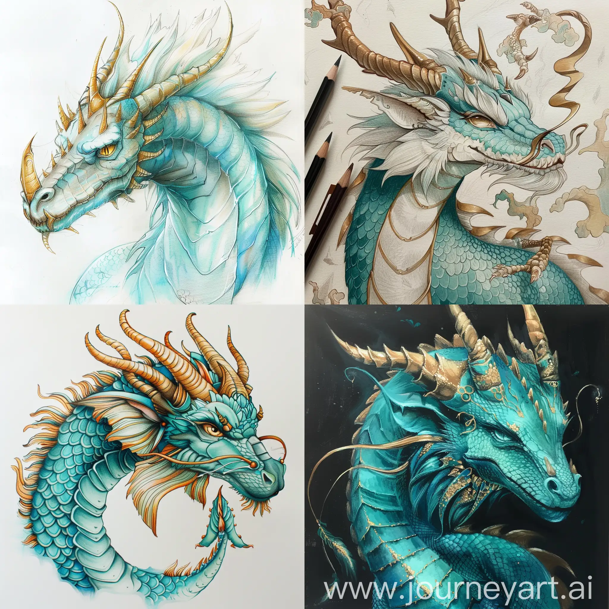 нарисуй бирюзового дракона с золотыми рогами