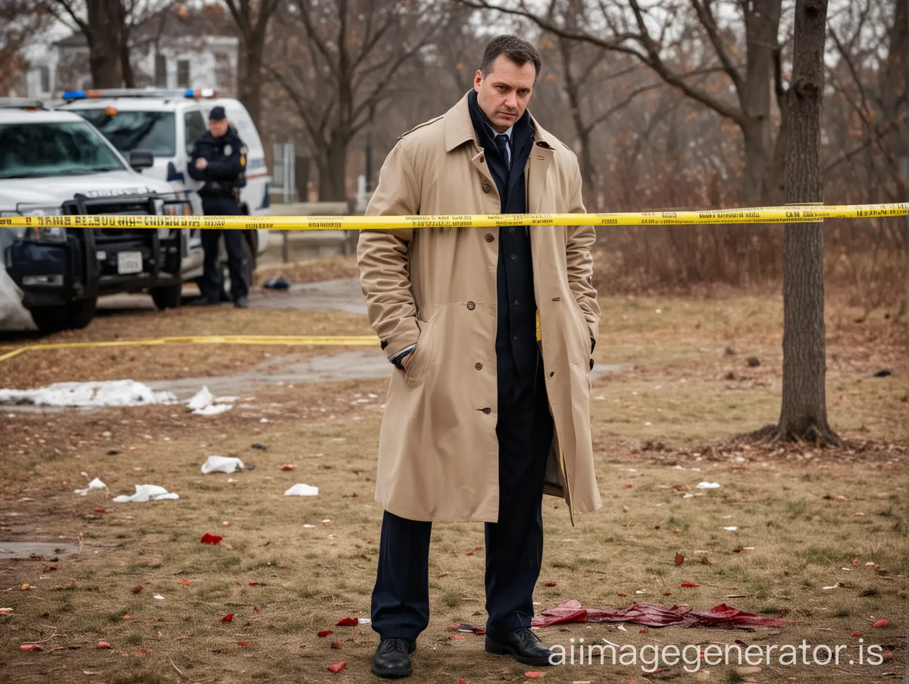 detective in winter coat at the crime scene with blood stains bordered with police tape following the investigation