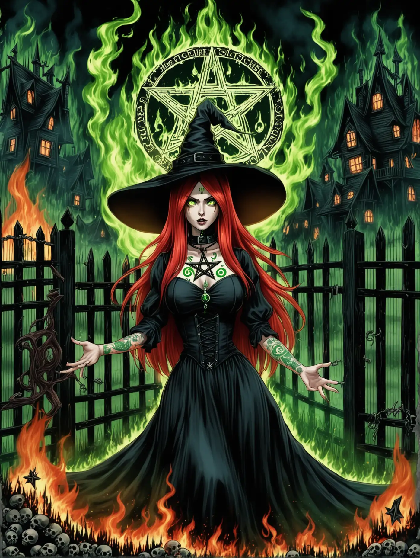 Gothic-Witch-Casting-Spell-with-Burning-Grimoire-in-Dark-Forest