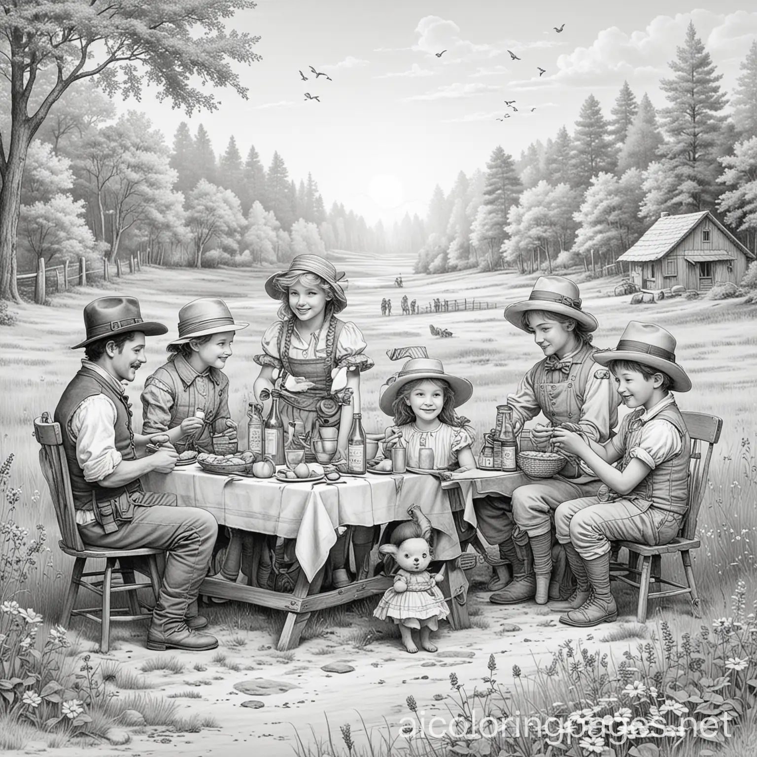 beneath a bright july sun, friends and family all enjoy a 4th of july picninic, Jean-Baptiste Monge style, Coloring Page, black and white, line art, white background, Simplicity, Ample White Space. The background of the coloring page is plain white to make it easy for young children to color within the lines. The outlines of all the subjects are easy to distinguish, making it simple for kids to color without too much difficulty, Coloring Page, black and white, line art, white background, Simplicity, Ample White Space. The background of the coloring page is plain white to make it easy for young children to color within the lines. The outlines of all the subjects are easy to distinguish, making it simple for kids to color without too much difficulty