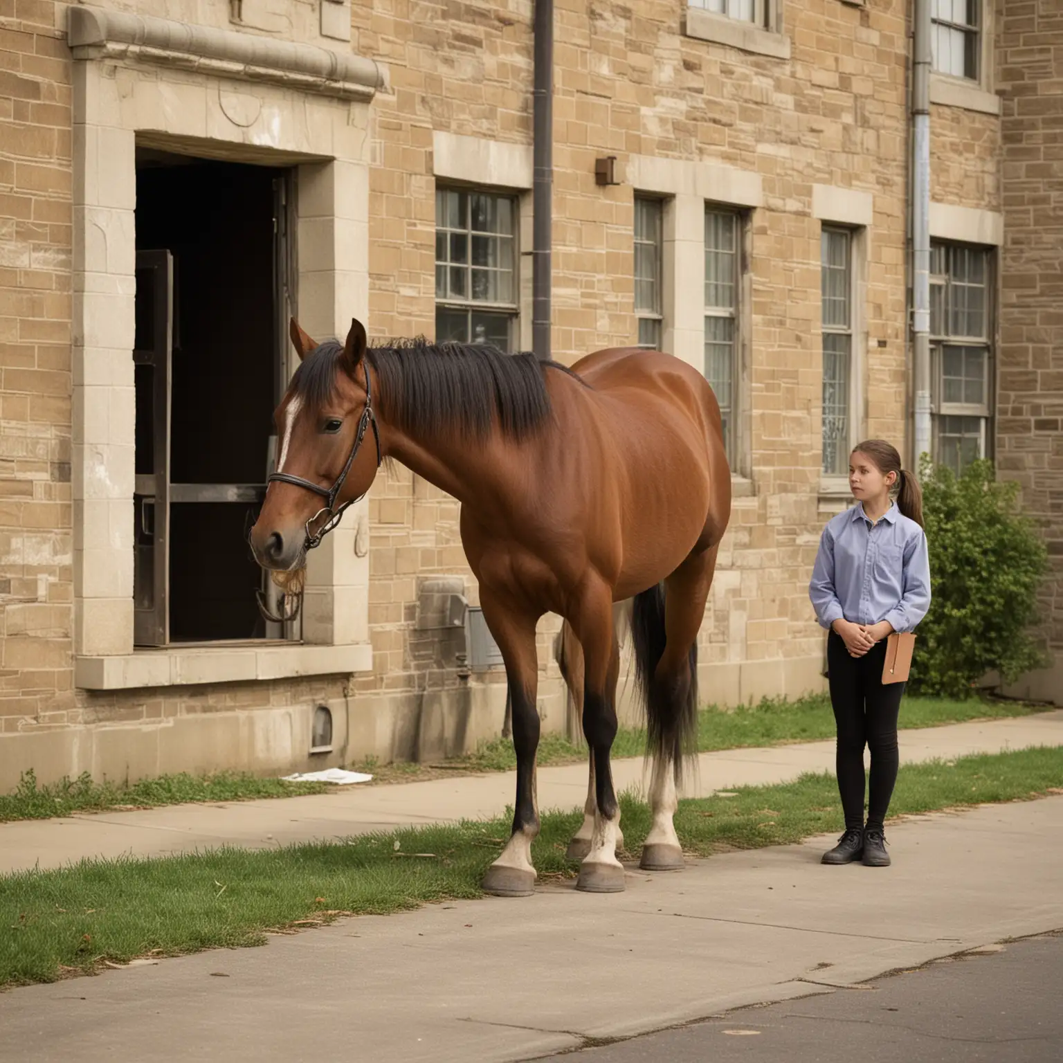 horse standing outside of a school building with a teacher -ar 2:3 --sref https://s.mj.run/87Sjf94hFiI ::1.5 <https://s.mj.run/BdQFQve9VPQ>