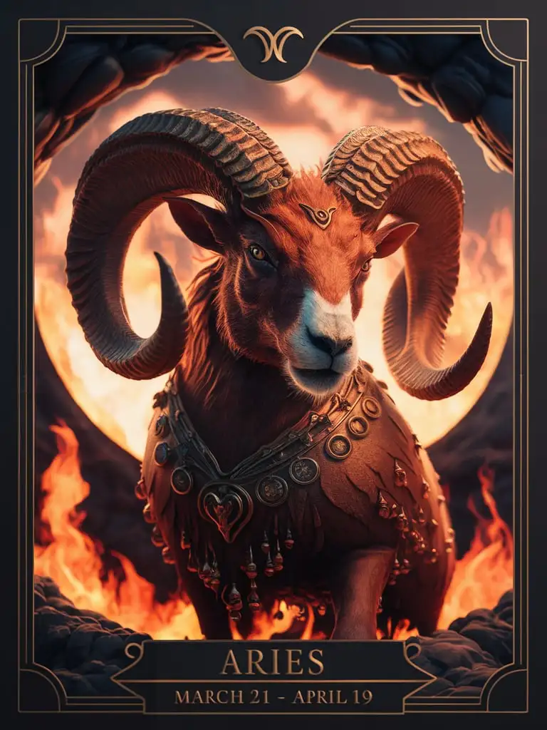 Design a HQ "Title: The Zodiac Collection" tarot card featuring "Subtitle: Aries""March 21 - April 19" premium 14PT black card stock authenticated breathtaking 8k 16k visuals /"A fiery ram with curved horns, fierce eyes, and a determined expression, set against a backdrop of flames or a fiery sky."/, complex fandom artwork, Add_Details_XL-fp16 algorithm, 3D octane rendering style (3DMM_V12) with the mdjrny-v4 style, infused with global illumination --q 200 --s 275 --ar 3:4 --chaos 500 --w 500