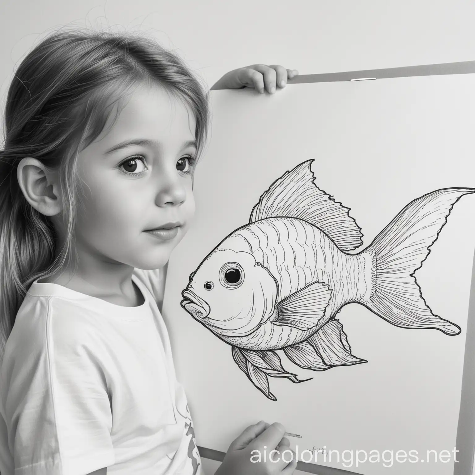 pet fish sitting on my shoulder, Coloring Page, black and white, line art, white background, Simplicity, Ample White Space. The background of the coloring page is plain white to make it easy for young children to color within the lines. The outlines of all the subjects are easy to distinguish, making it simple for kids to color without too much difficulty