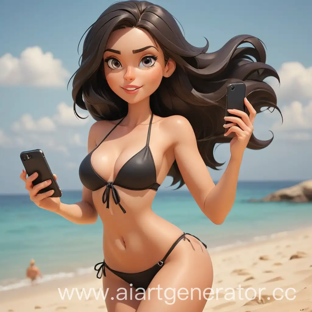 Cartoon-Woman-in-Black-Bikini-Taking-Smartphone-Photos