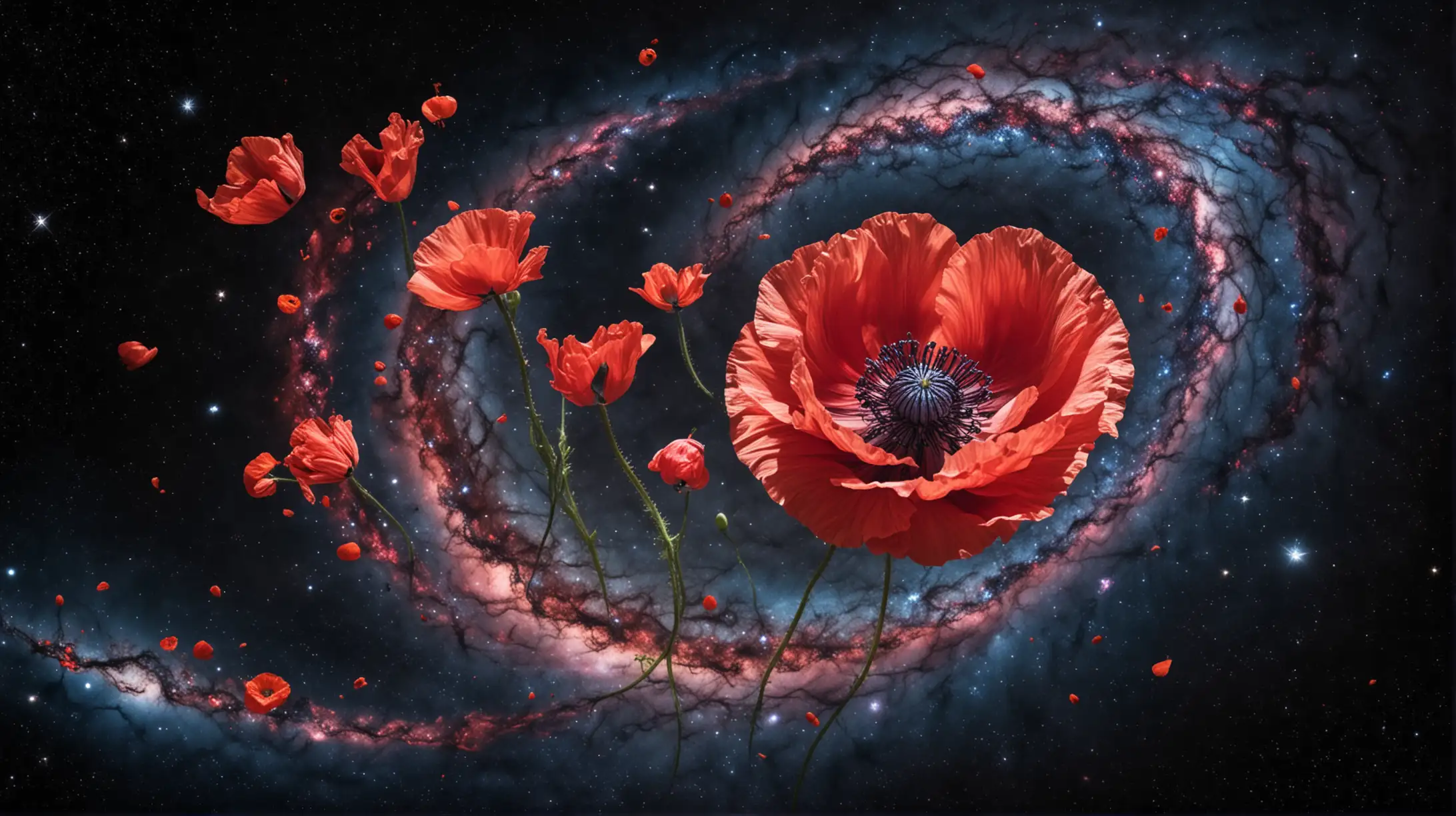 spiral galaxy made of poppy flowers floating in outer space
