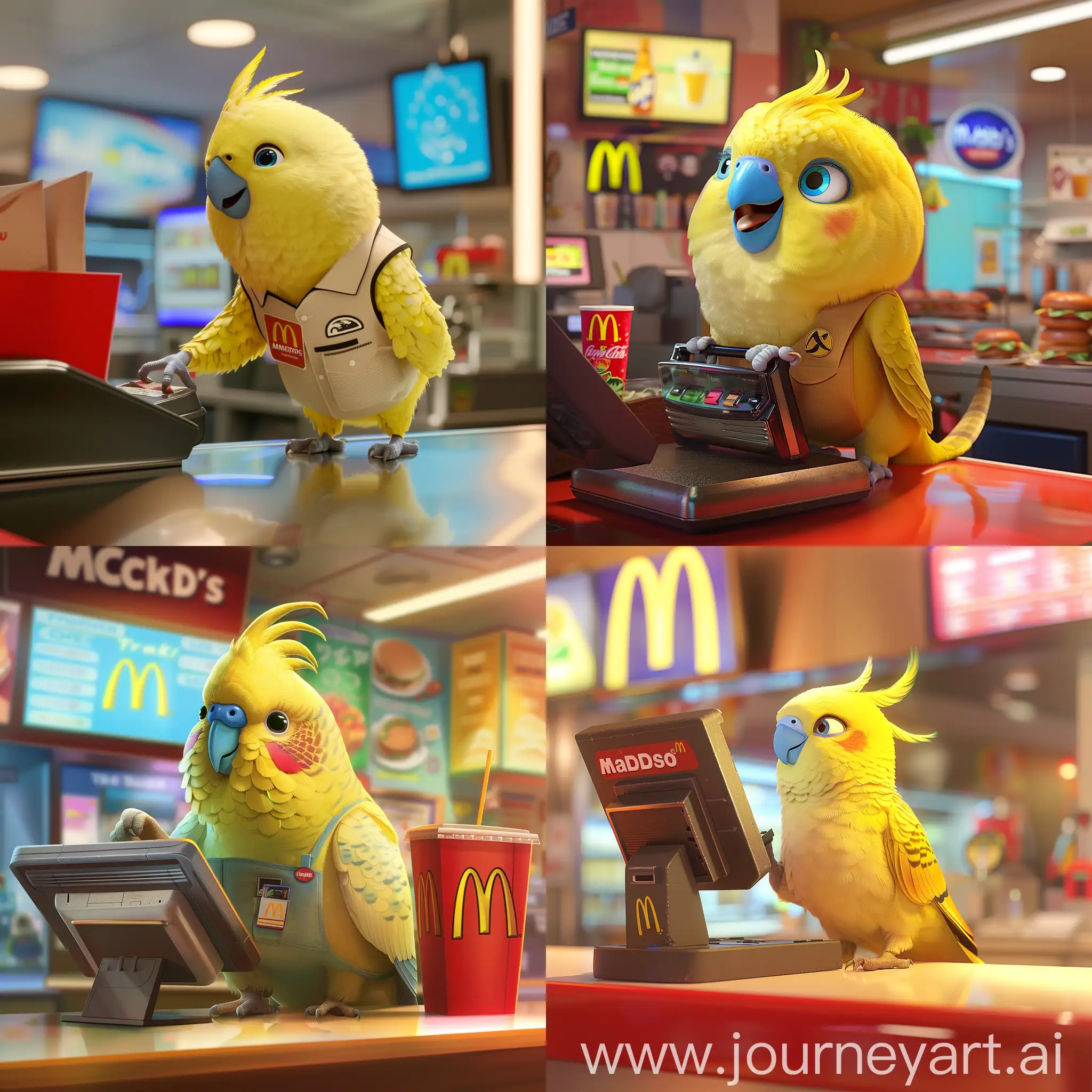 Create a cartoon-style image of an adorable pale yellow budgerigar with a bright blue nose. It's wearing a McDonald's uniform and cheerfully operating a cash register inside a McDonald's restaurant. The scene is vibrant, colorful, and exudes a playful, friendly atmosphere