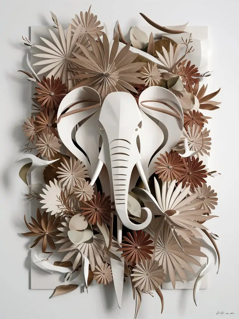 A modern art piece featuring a stylized elephant and flowers, Wabi-Sabi style, using Japandi colors with an abstract design, on a 100% white background