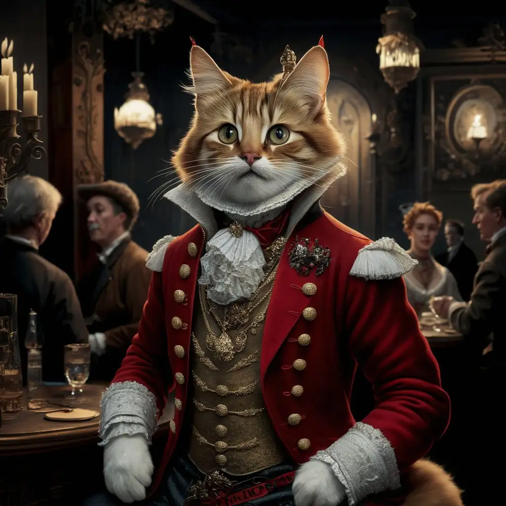 An exquisite, detailed painting of a feline nobility, dressed in an opulent vintage attire. The cat, exuding royal elegance, dons a redjacket embellished with gold buttons, a white ruffled collar, a red scarf, and a variety of ornate pendants. Its fur is a captivating blend of orange and white, with wide, attentive eyes. The background reveals a dimly lit tavern or bar setting, filled with patrons engaged in conversation. The atmosphere is rich in detail, from the candlelit surroundings to the ornate decorations adorning the walls.
