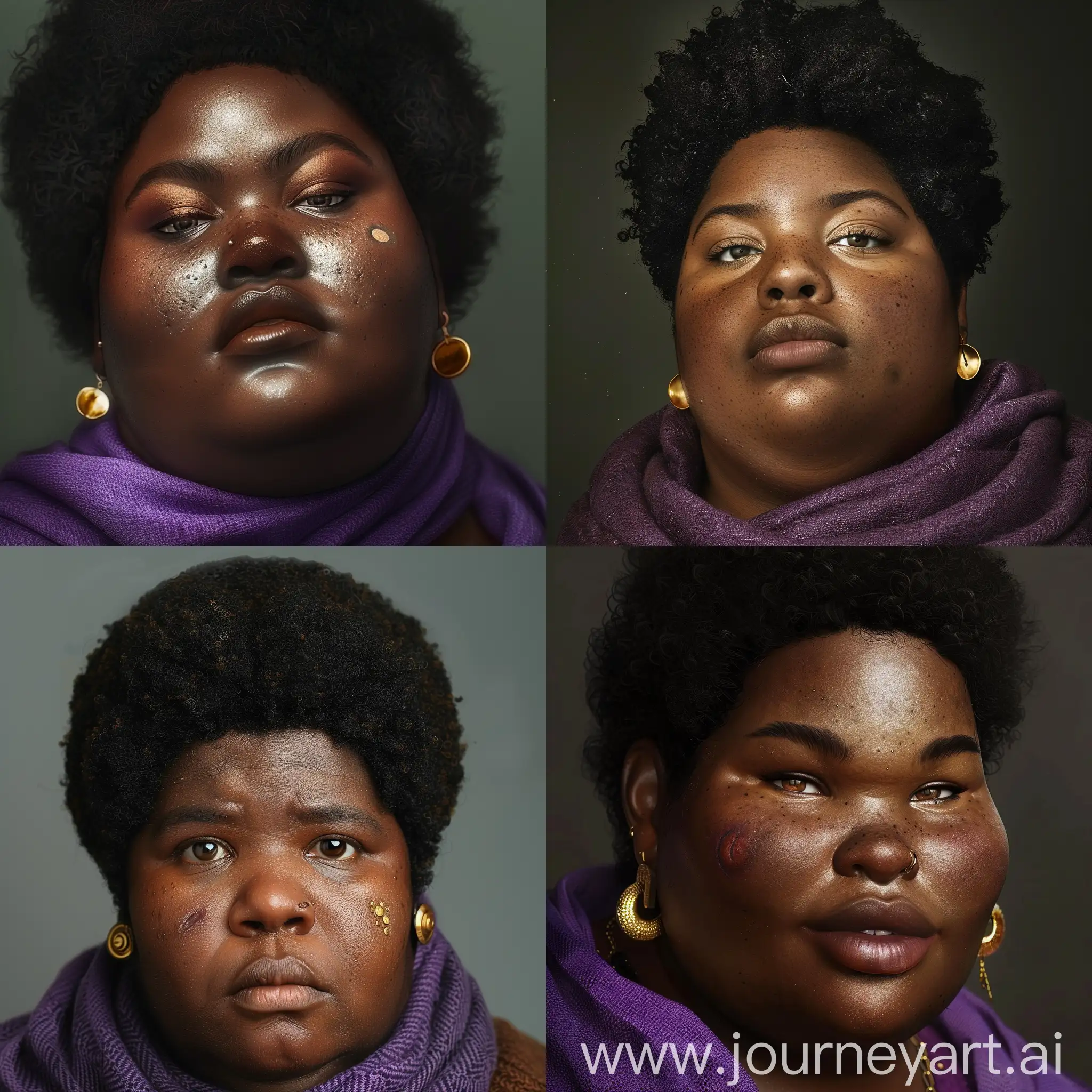 A picture of a fat, black woman, short afro hair, she has gold earrings and a mole on the right side of her cheek, her nose is rounded and her lips are big, she is wearing a purple scarf, photo, cinematic