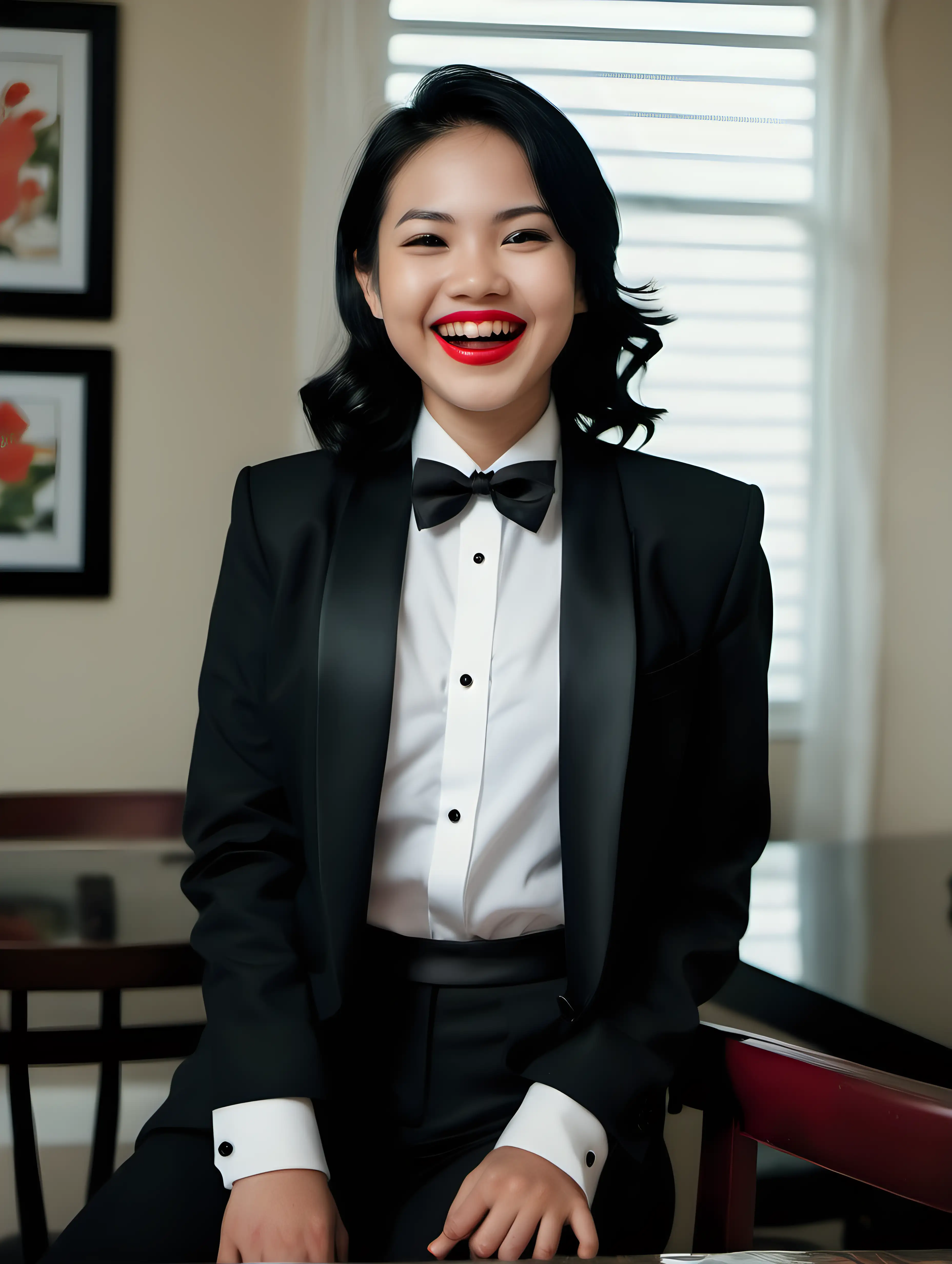 A portrait of a pretty 25 year old Vietnamese woman with shoulder length black hair and red lipstick. She is sitting at a dining room table.  She is facing forward.  She is smiling and laughing and joyful and ecstatic.  She is wearing a tuxedo.  (Her jacket is open and not buttoned.) (Her pants are black.) Her shirt is white with a black bow tie.  Her cufflinks are large and black.  Her jacket is unbuttoned and has a corsage. 