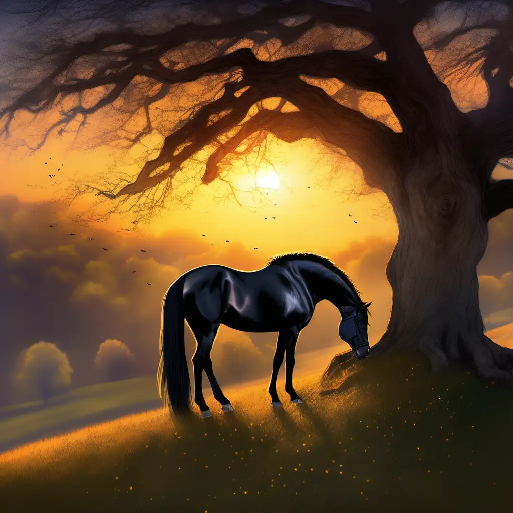 The black mare stands on top of the hill, under the old oak, she has no foal and just relax by herself, enjoying the moment in the golden hour, just before the suns is about to go down and the stars are beginning to shine from the sky, it’s a moment of bliss and beauty 