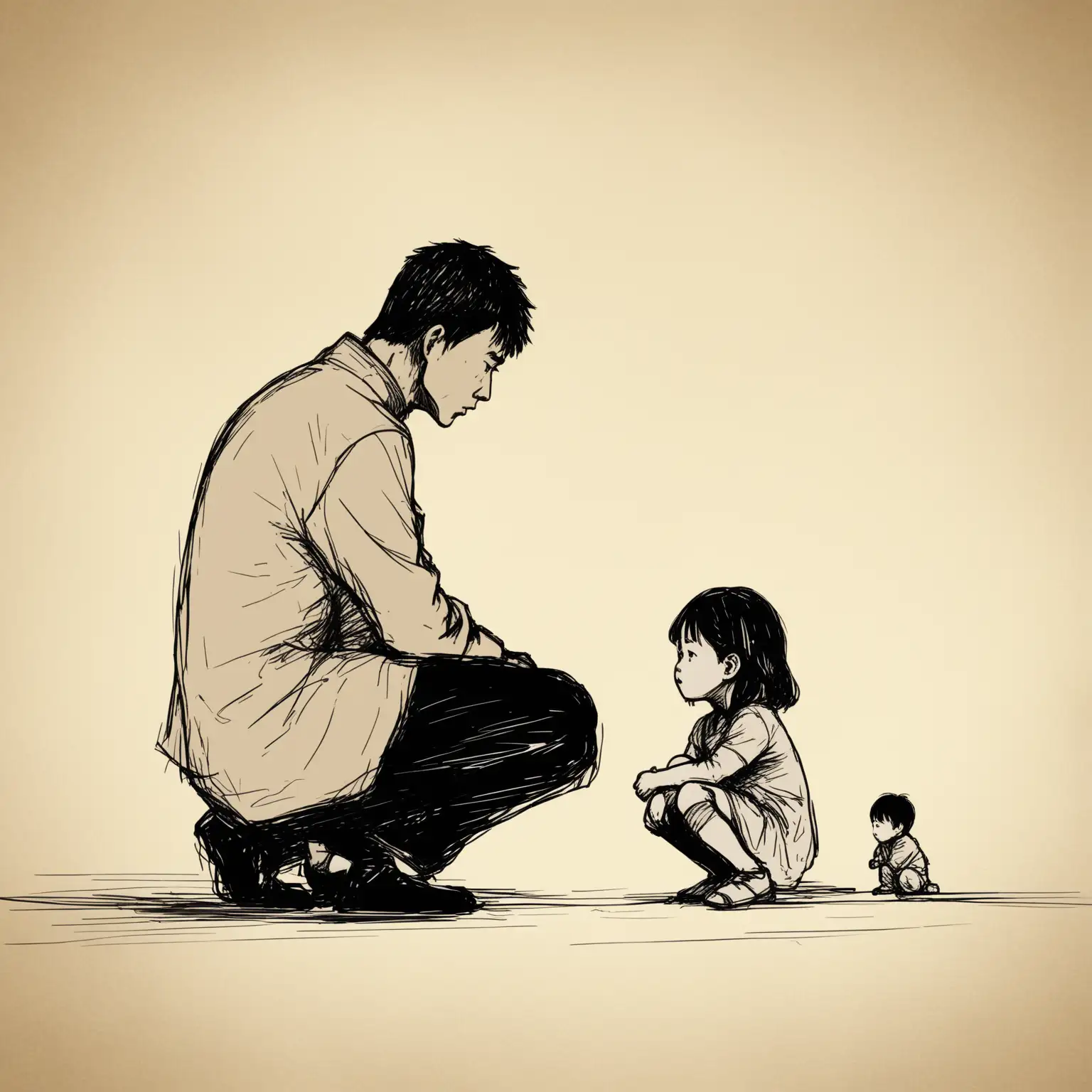 素描风格，一个亚洲男性和一个亚洲女性在对峙，在一旁蹲着一个孩子很失落，以柔和的浅棕色为特色，背景具有微妙的纹理。16:9
