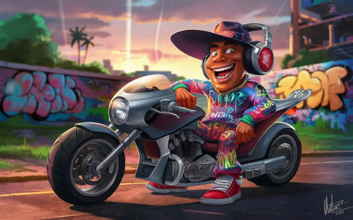 мультяшный персонаж в стиле хип хопа персонаж сидит на мотоцикле
