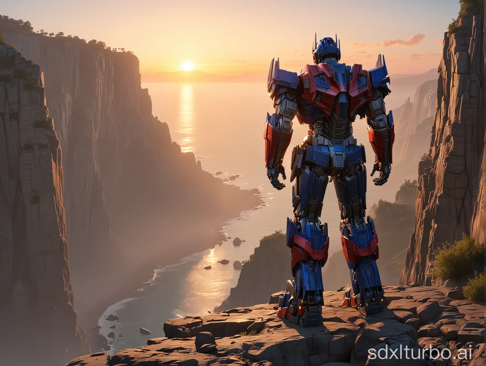 Optimus Prime stands on a cliff, overlooking a sunrise. view from the back. Realistic.
