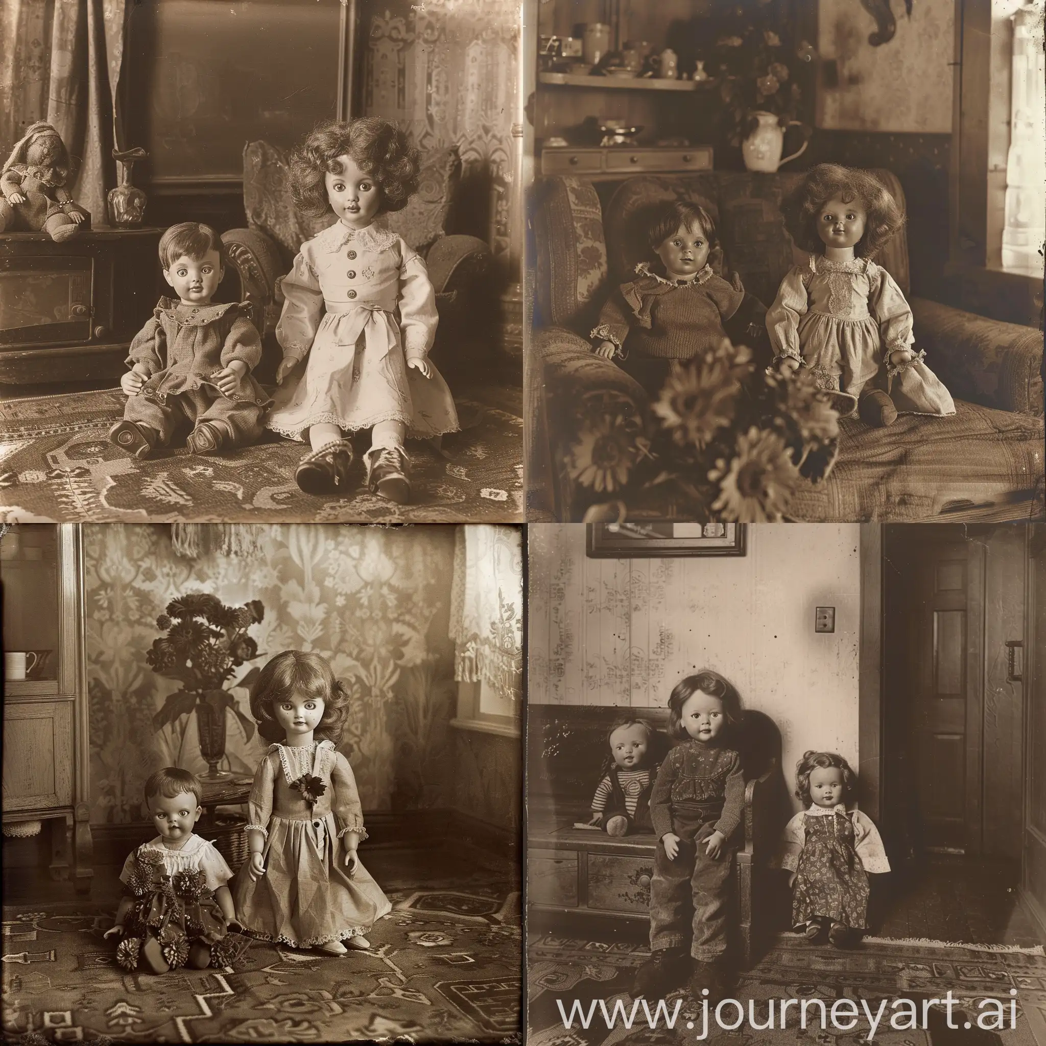 Photograph with a vintage and slightly eerie style, like a sepia photograph of a doll in a 1920s room. The image should convey a sense of mystery and slight discomfort, as if there is something sinister behind the seemingly innocent appearance of the scene. There is a child next to the doll.