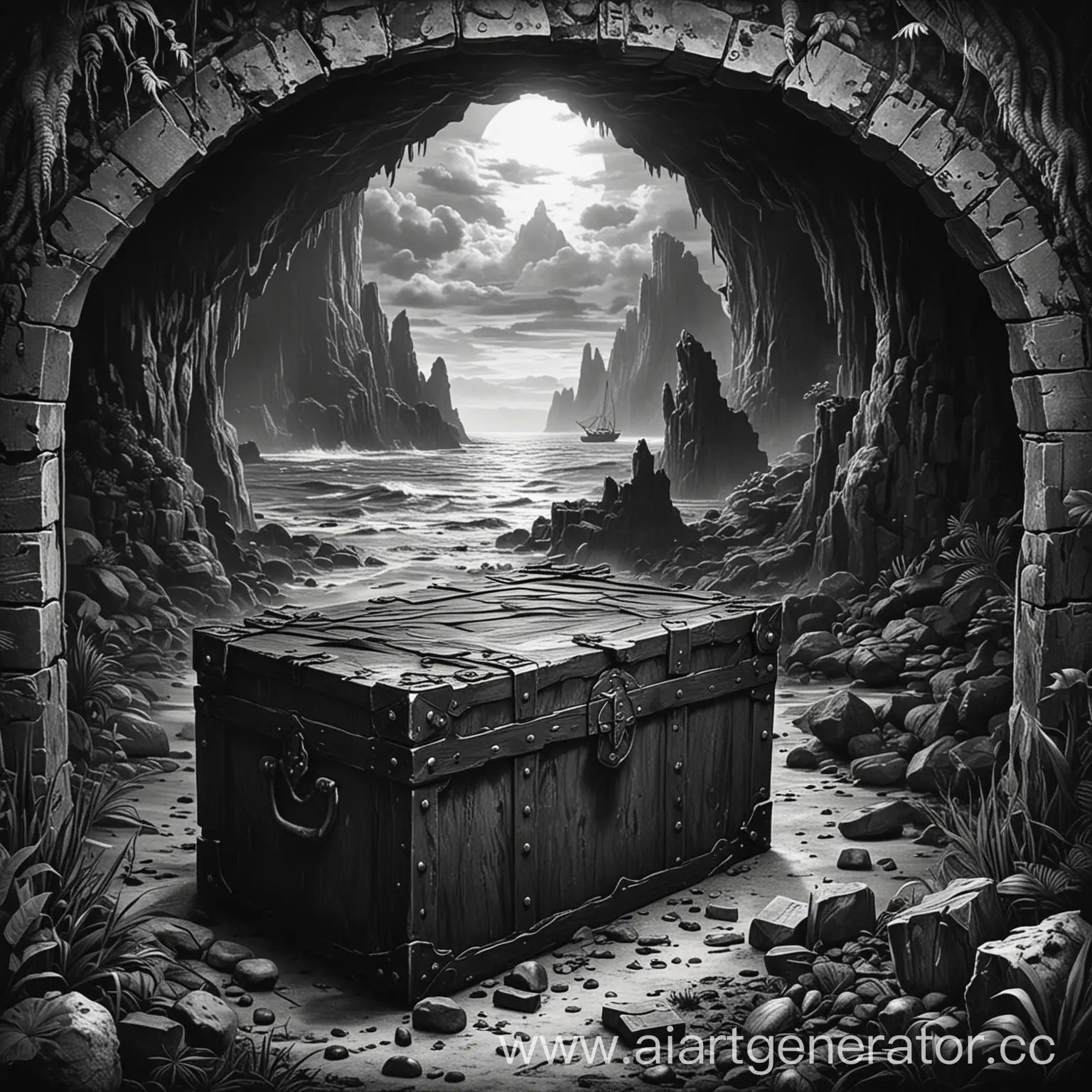 We need the reverse side of the card in a tabletop card game with a theme of a mysterious island, the card is called 'Chests,' the card should be black and white.