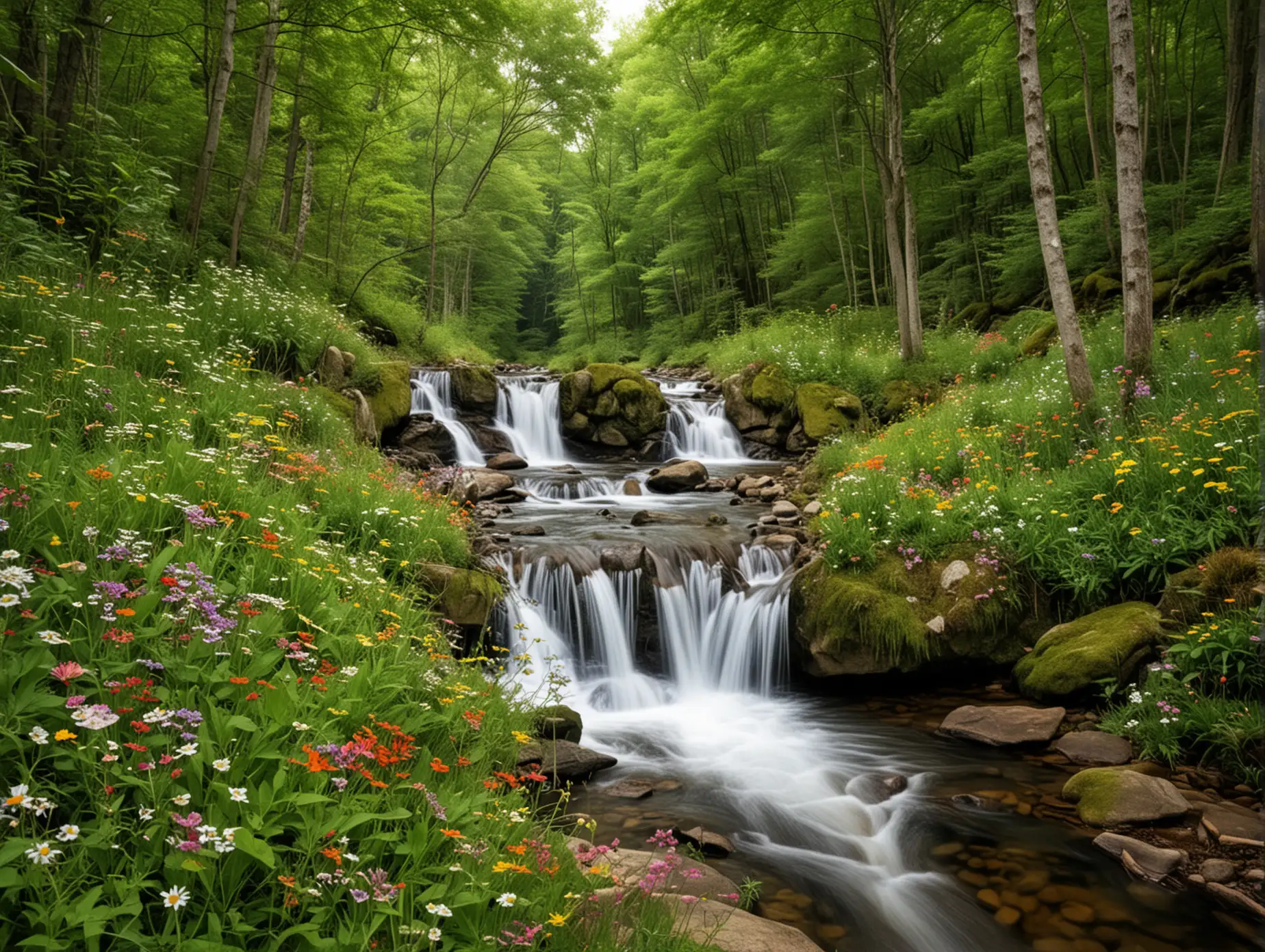 Wildflowers-by-a-Serene-Forest-Stream-Natures-Relaxing-Waterfall-Scene