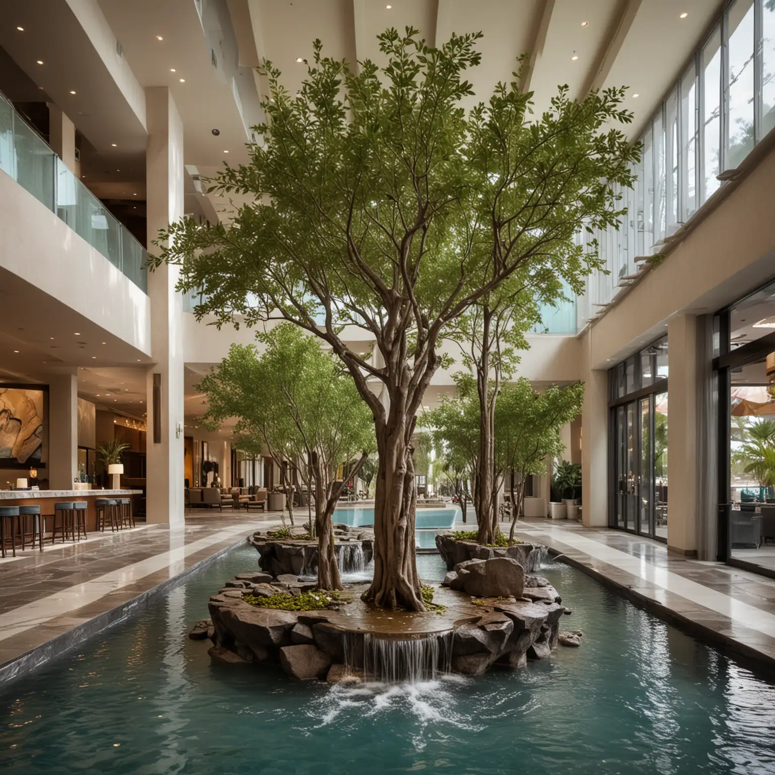 water feature with trees in lobby of modern chic coastal luxury hotel inspred by Hard Rock Hotel and Casino