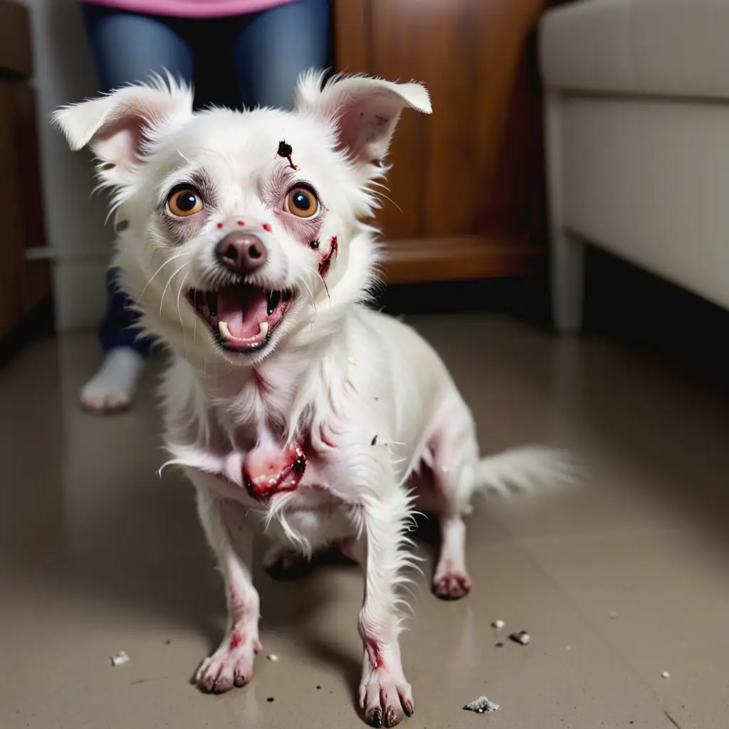 Injured Small White Dog Expressing Fear and Vulnerability