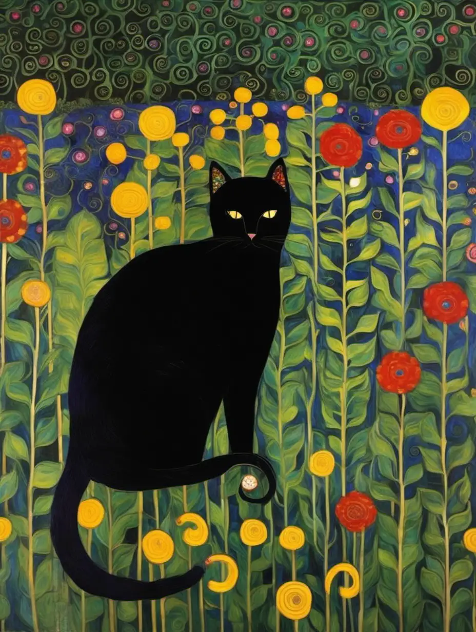 Gustav Klimt Inspired Garden with Black Cat Artwork