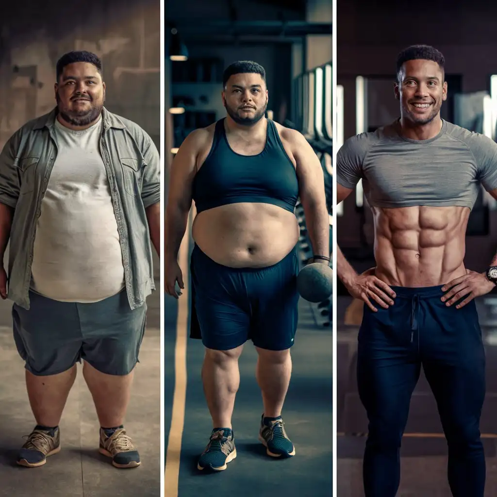 Три картинки, которые иллюстрируют этапы похудения мужчины. на первой картинке он полный, на второй картинке немного похудел и на третьей картинке он худой