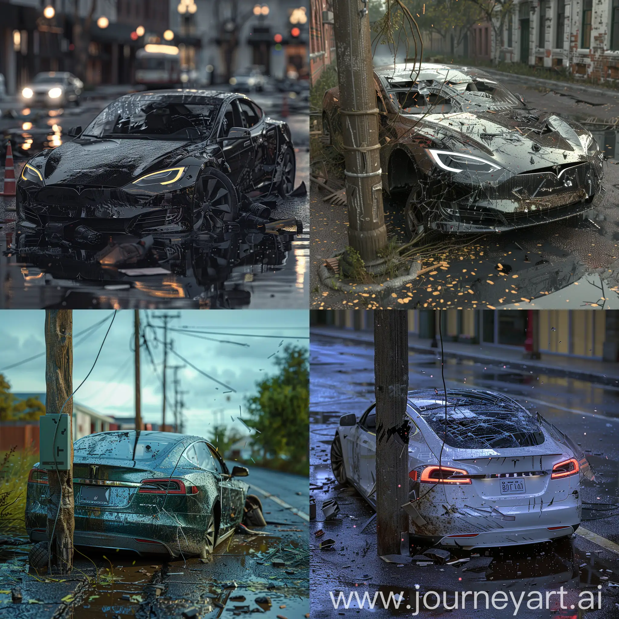 Tesla cybertrach crashed into a pole, damage, puddle, scratches, windshield smashed, realistic, maximum detail, sharp focus, 8k, HDR, professional lighting