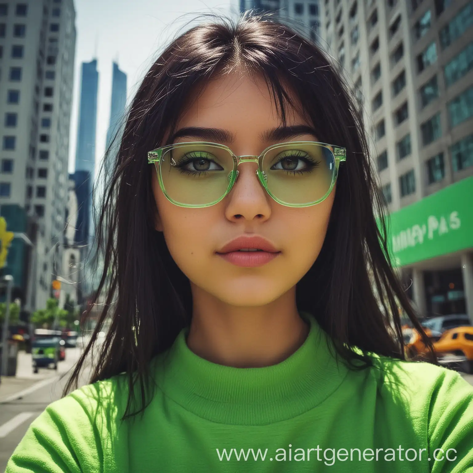 Urban-Girl-with-Dark-Hair-Wearing-Bright-Green-Glasses-in-the-Cityscape